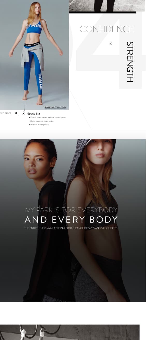 Ivy Park experience, Confidence is Strength section, product specs, inclusivity messaging
