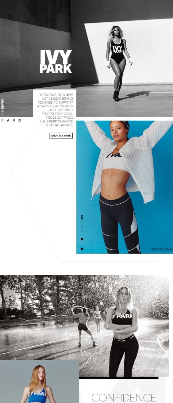 Ivy Park brand experience, full page hero section and product grid