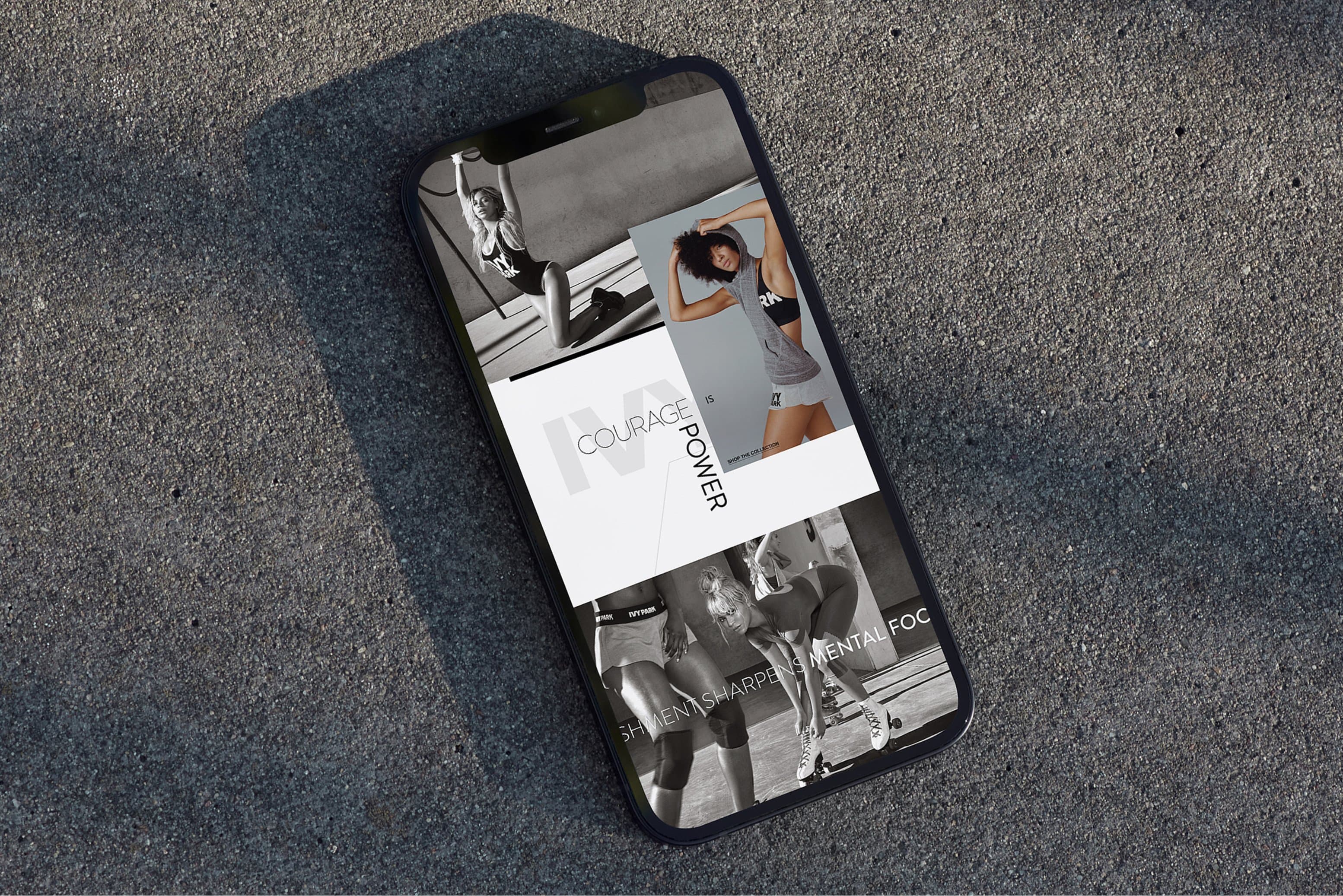 Ivy Park mobile experience on iPhone, Courage is Power section, concrete surface
