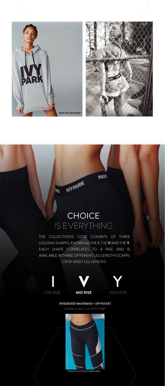 Ivy Park product detail, leggings specification, Choice is Everything, I/V/Y rise system