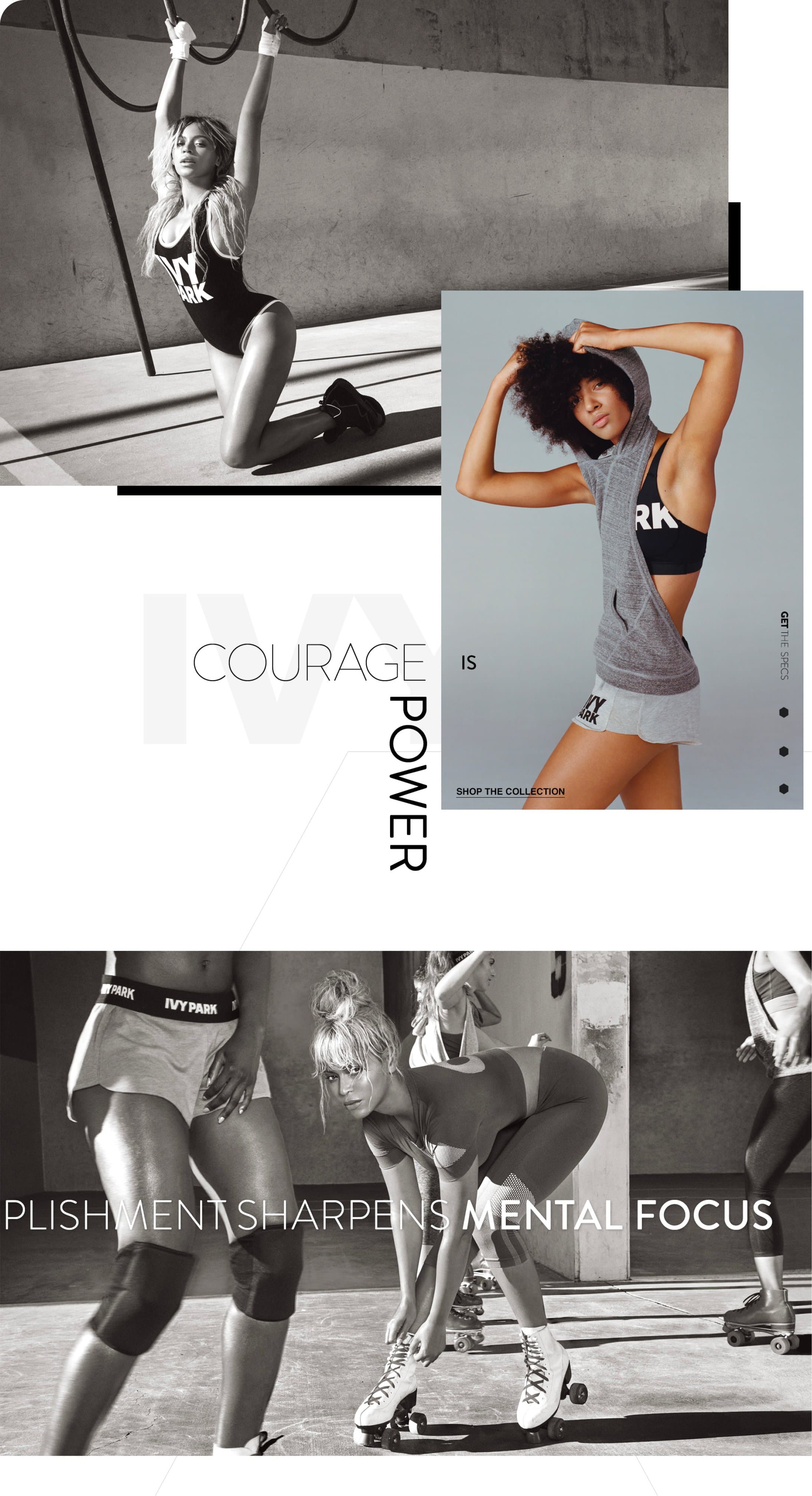 Ivy Park scrolling experience detail, polygon portrait frames, Courage is Power typography
