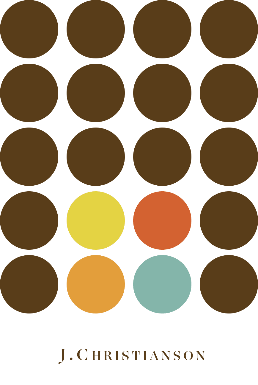 J. Christianson dot grid pattern, brown with yellow, orange, red, teal accents