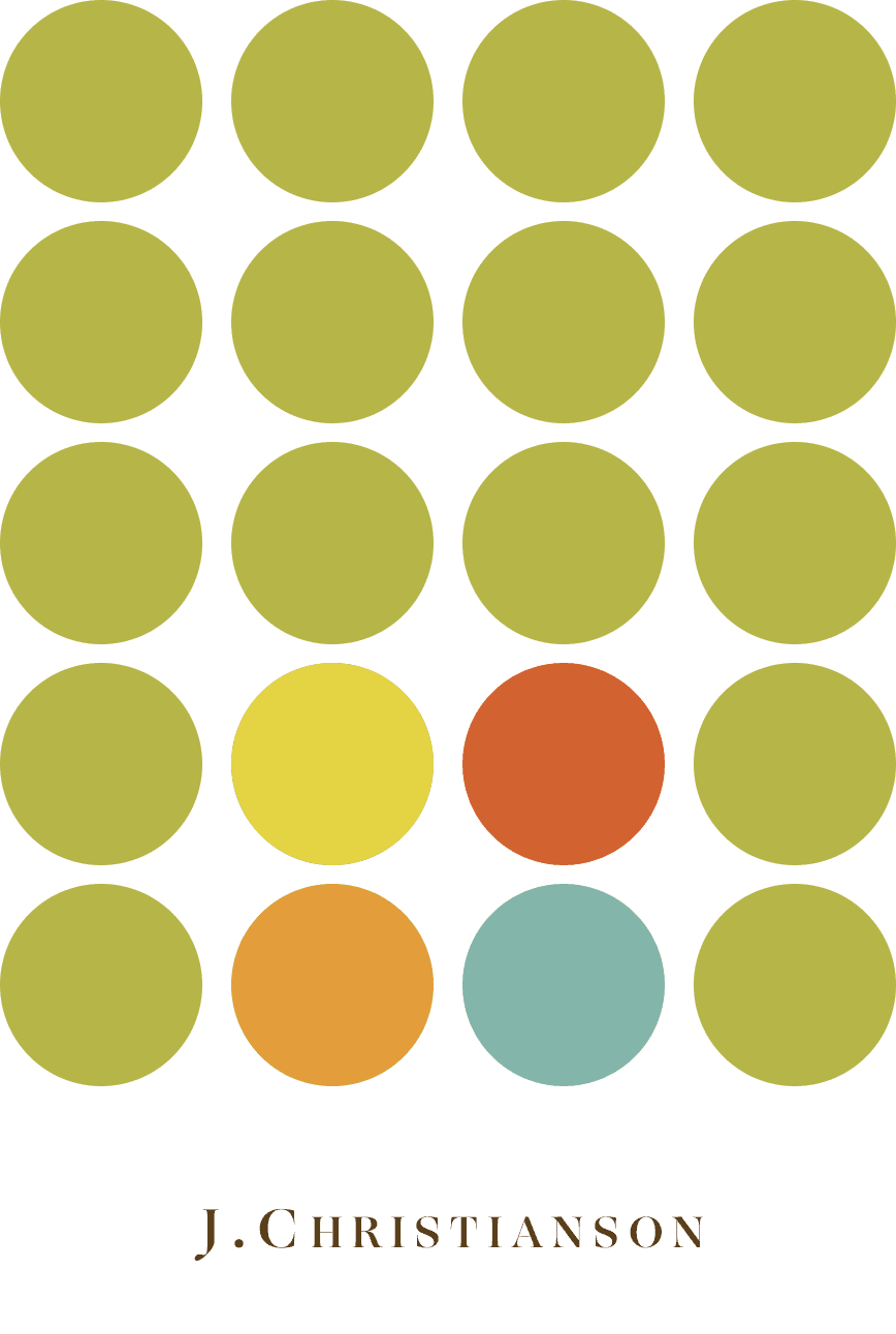 J. Christianson dot grid pattern, olive with yellow, orange, red, teal accents