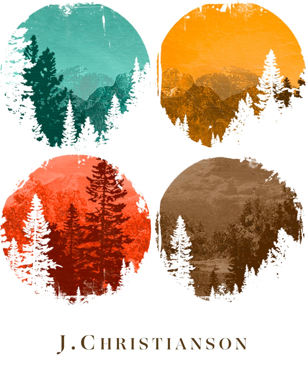 J. Christianson four seasonal tree circles, teal, yellow, orange, brown landscape silhouettes