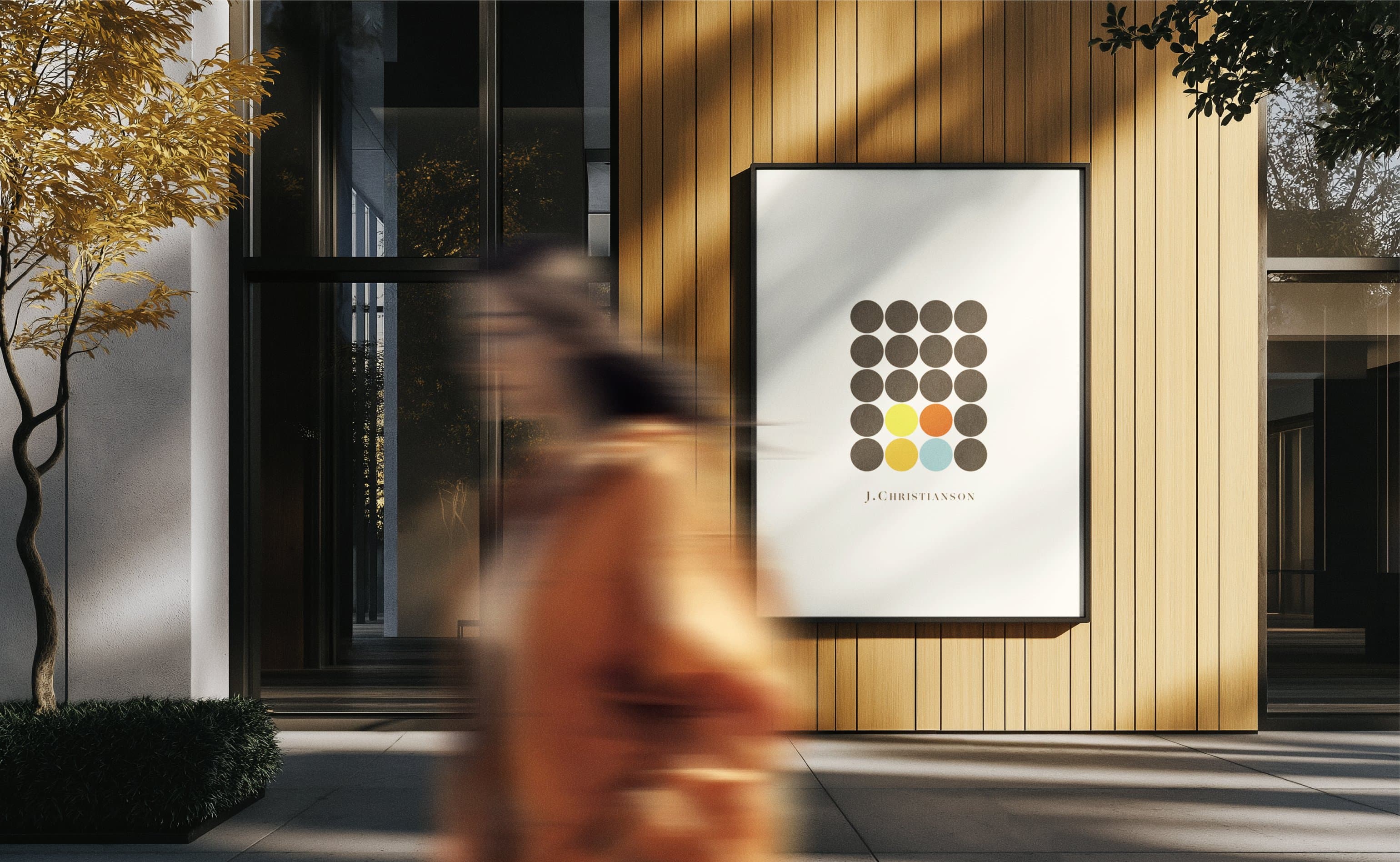 J. Christianson storefront sign mockup, dot grid pattern on wood facade