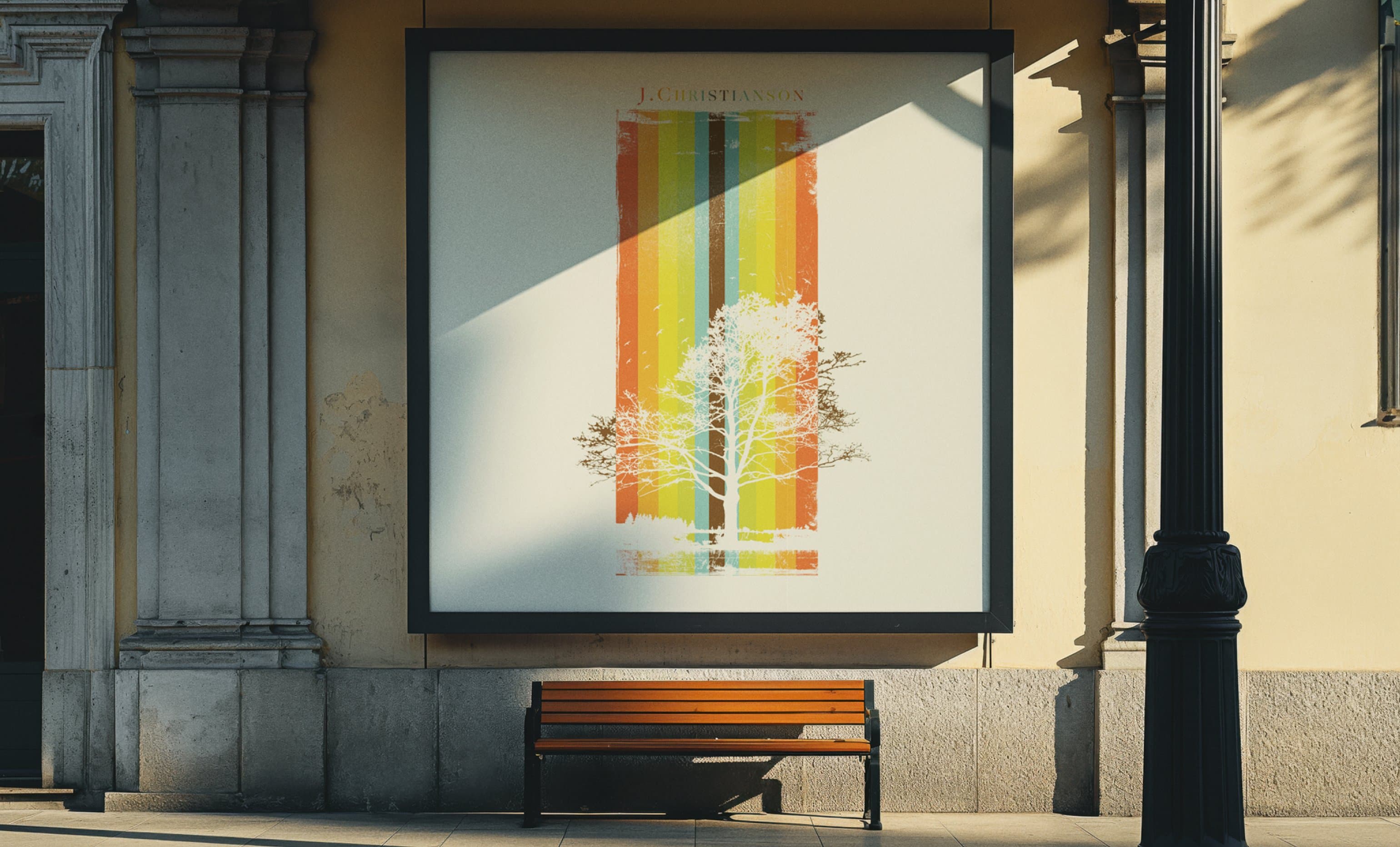 J. Christianson tree stripe graphic in storefront window, natural light