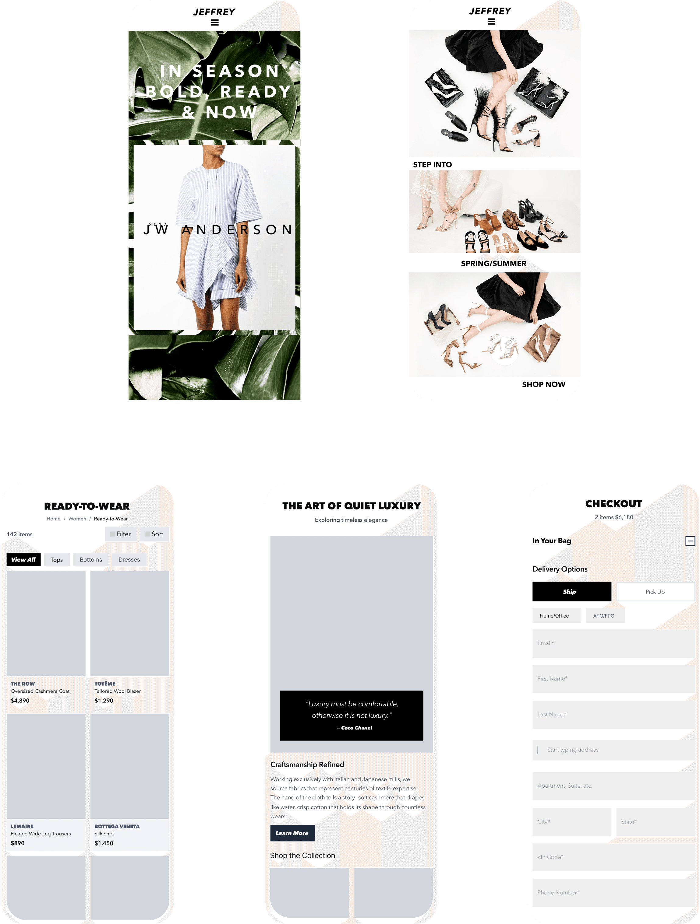 Jeffrey New York system spread — homepage, designer page, and product templates rendered together