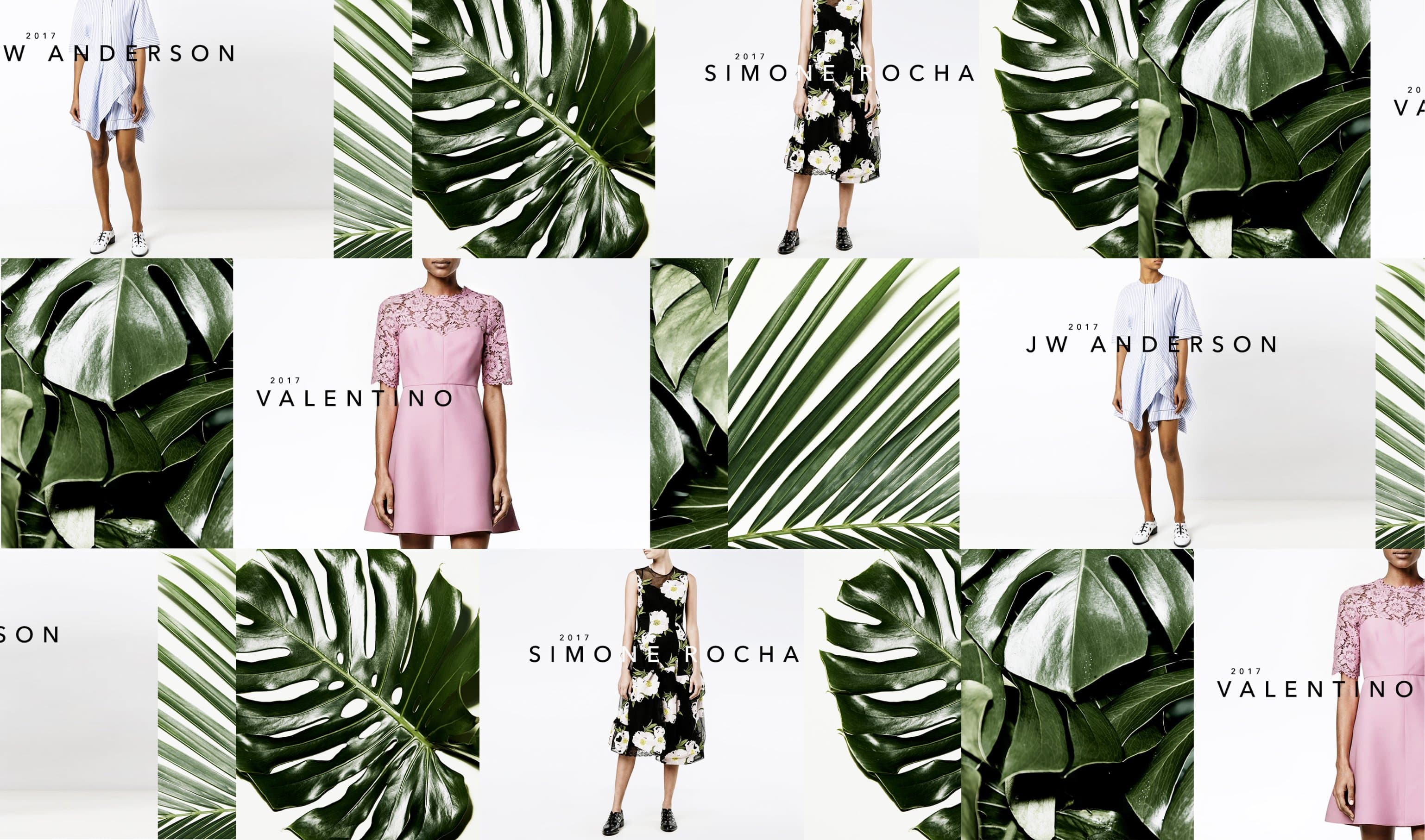 Jeffrey Spring Campaign hero collage: 3x4 grid weaving JW Anderson, Valentino, and Simone Rocha dress shots with cropped monstera leaves on studio white