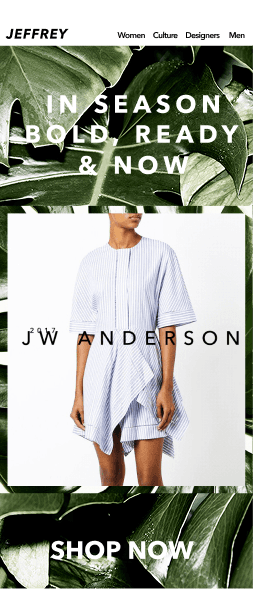 Jeffrey mobile template featuring the same JW Anderson dress with IN SEASON BOLD headline and SHOP NOW CTA, foliage frame intact at phone scale