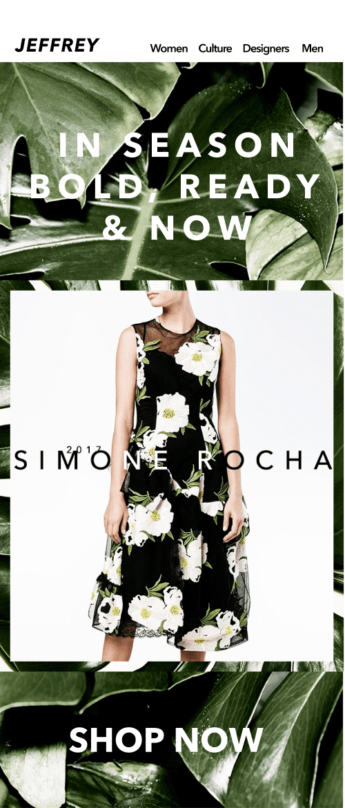 Jeffrey mobile template featuring the Simone Rocha dress with IN SEASON BOLD headline and SHOP NOW CTA, foliage frame intact at phone scale