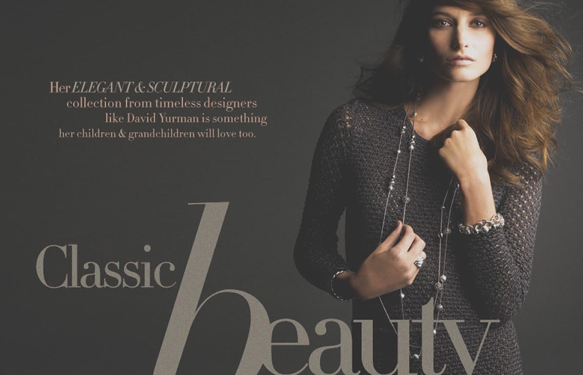 Neiman Marcus InSite, Classic Beauty spread with large italic script on dark gray