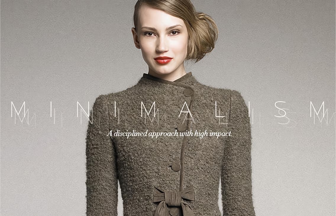 Neiman Marcus InSite, Minimalism spread with delicate outline type dissolving behind gray coat