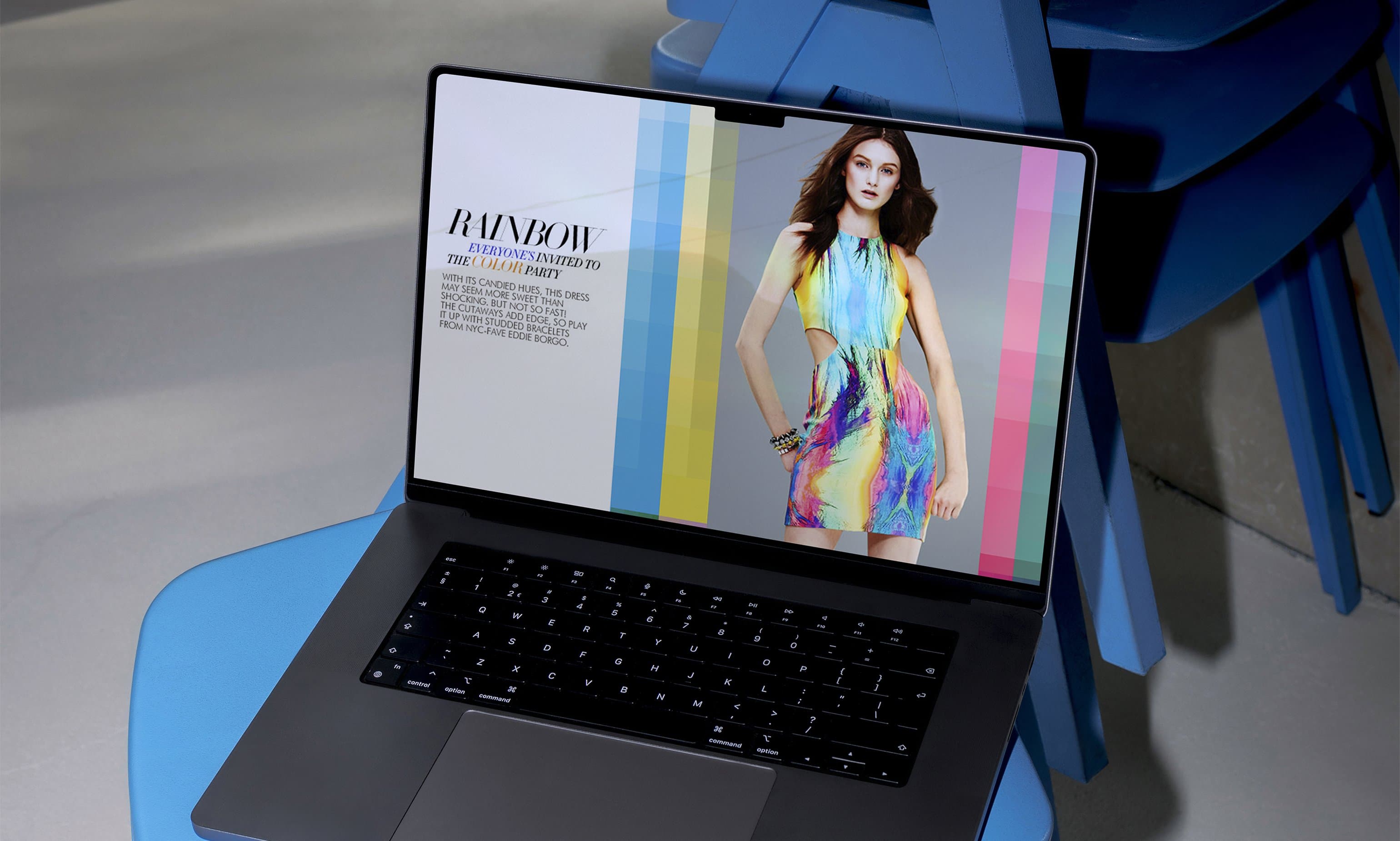 Neiman Marcus InSite Rainbow story displayed on laptop against blue chairs