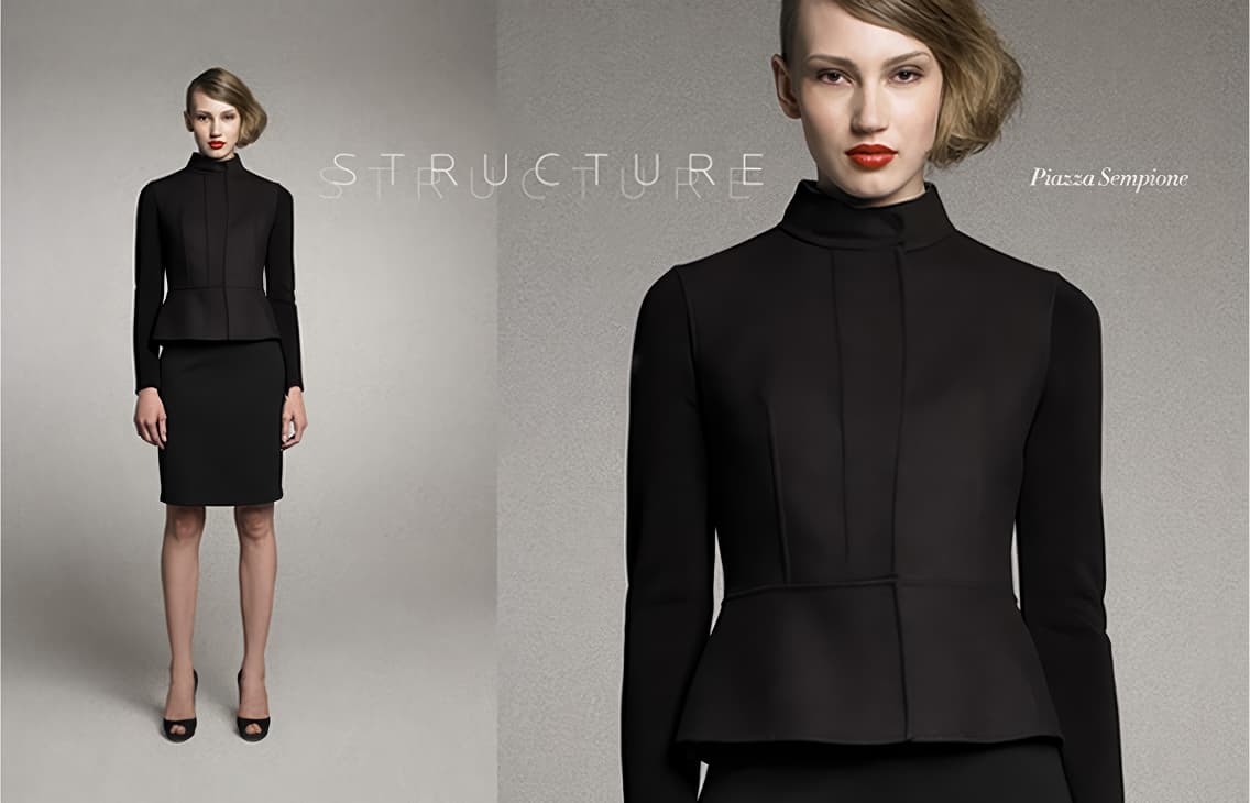 Neiman Marcus InSite, Structure Piazza Sempione spread with sharp black silhouettes