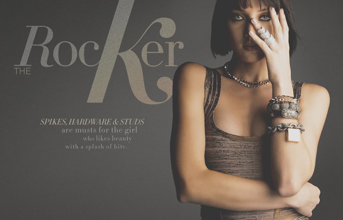 Neiman Marcus InSite, The Rocker spread with oversized serif letters wrapped into portrait