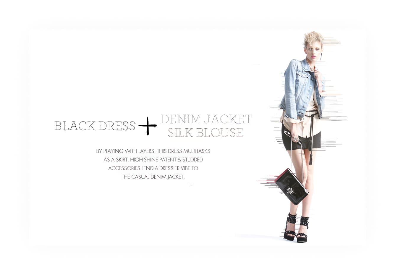 Neiman Marcus InSite, Black Dress plus Denim Jacket styling with speed lines