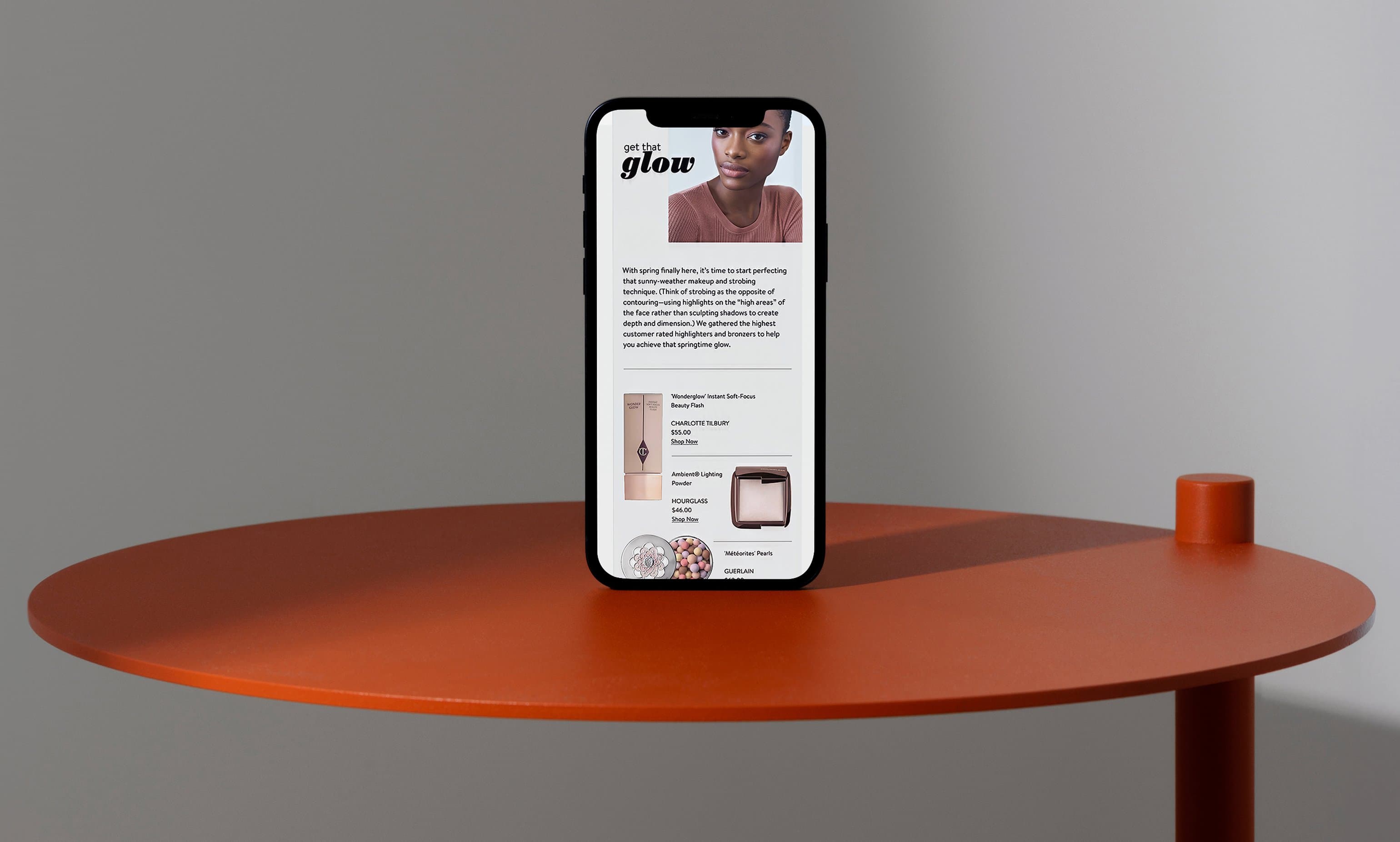 Nordstrom Beauty Get That Glow story on iPhone, orange table lifestyle mockup