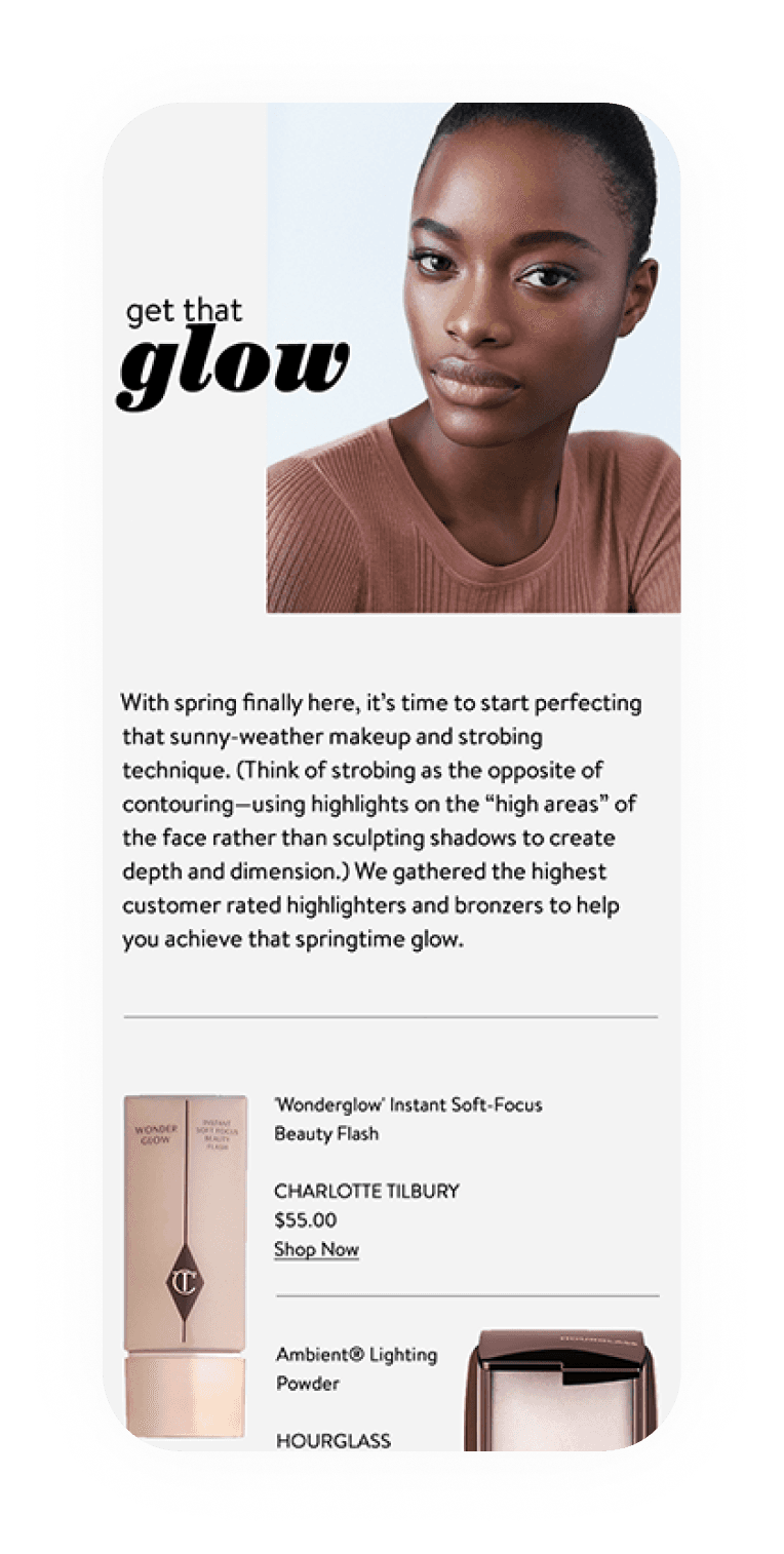 Get That Glow story mobile, editorial layout with model and copy