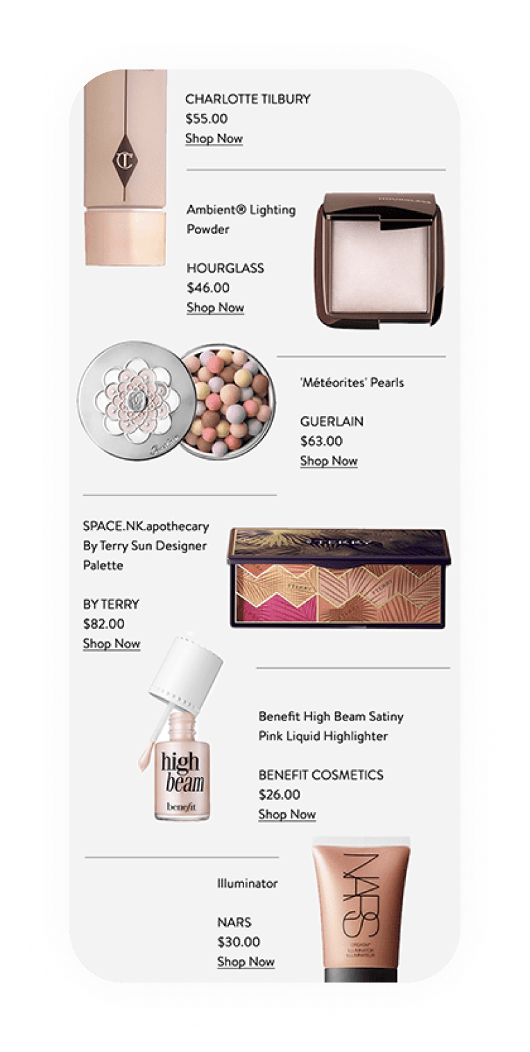 Get That Glow story mobile, shoppable product grid with pricing