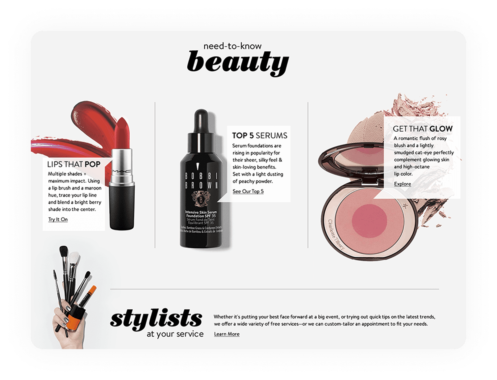 Nordstrom Beauty hub desktop, three editorial story cards with product imagery