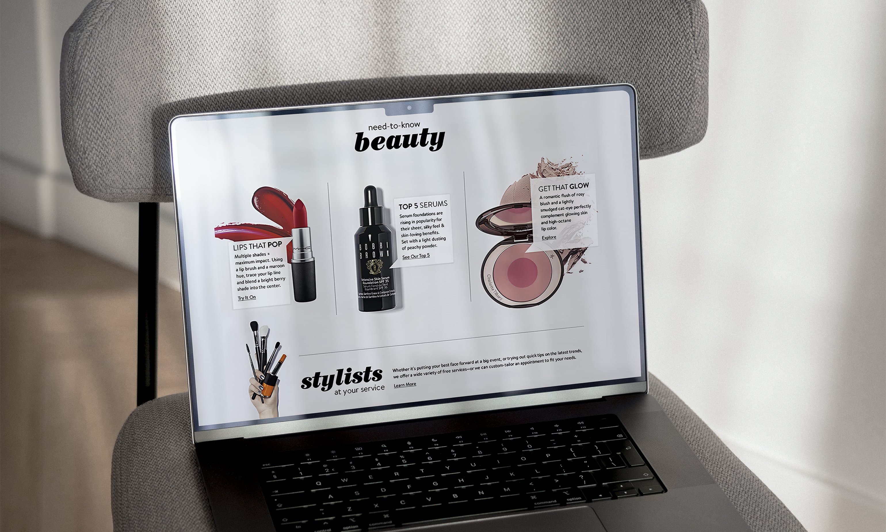 Nordstrom Beauty hub homepage on laptop, three editorial story cards, stylists section