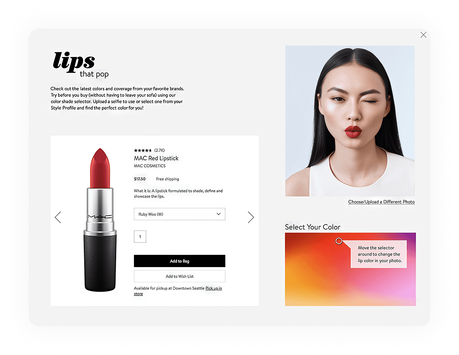 Nordstrom Beauty Lips That Pop desktop experience with virtual try-on tool and product detail