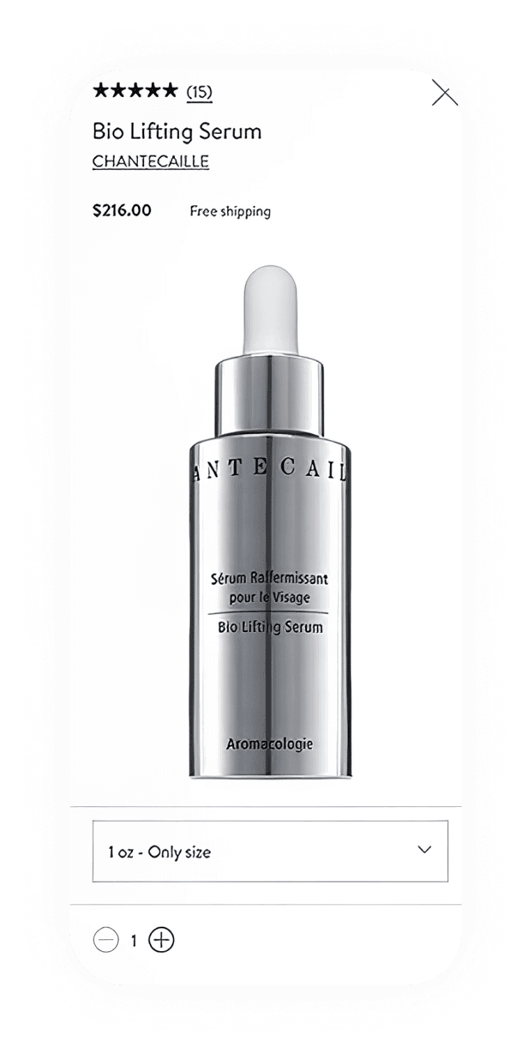 Product detail drawer mobile, Bio Lifting Serum with pricing and add to bag