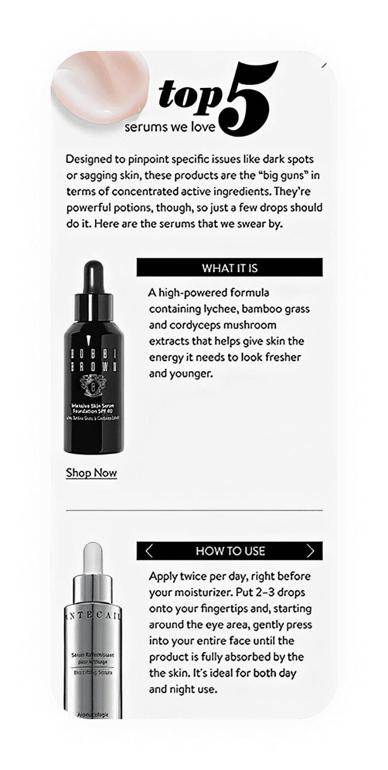 Top 5 Serums story mobile, editorial with product details and how-to-use