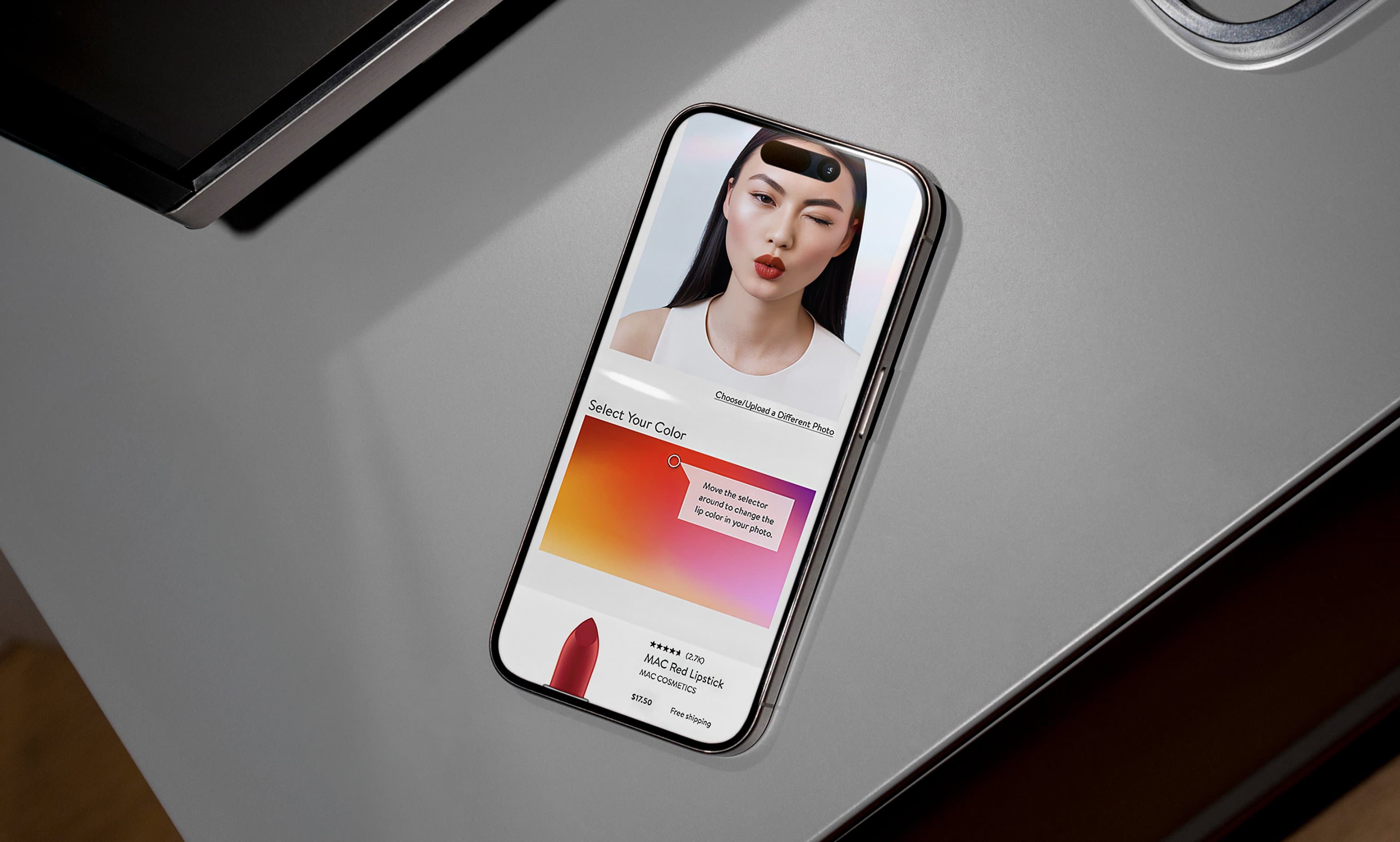 Nordstrom Beauty virtual try-on tool on iPhone, color gradient selector, lipstick preview