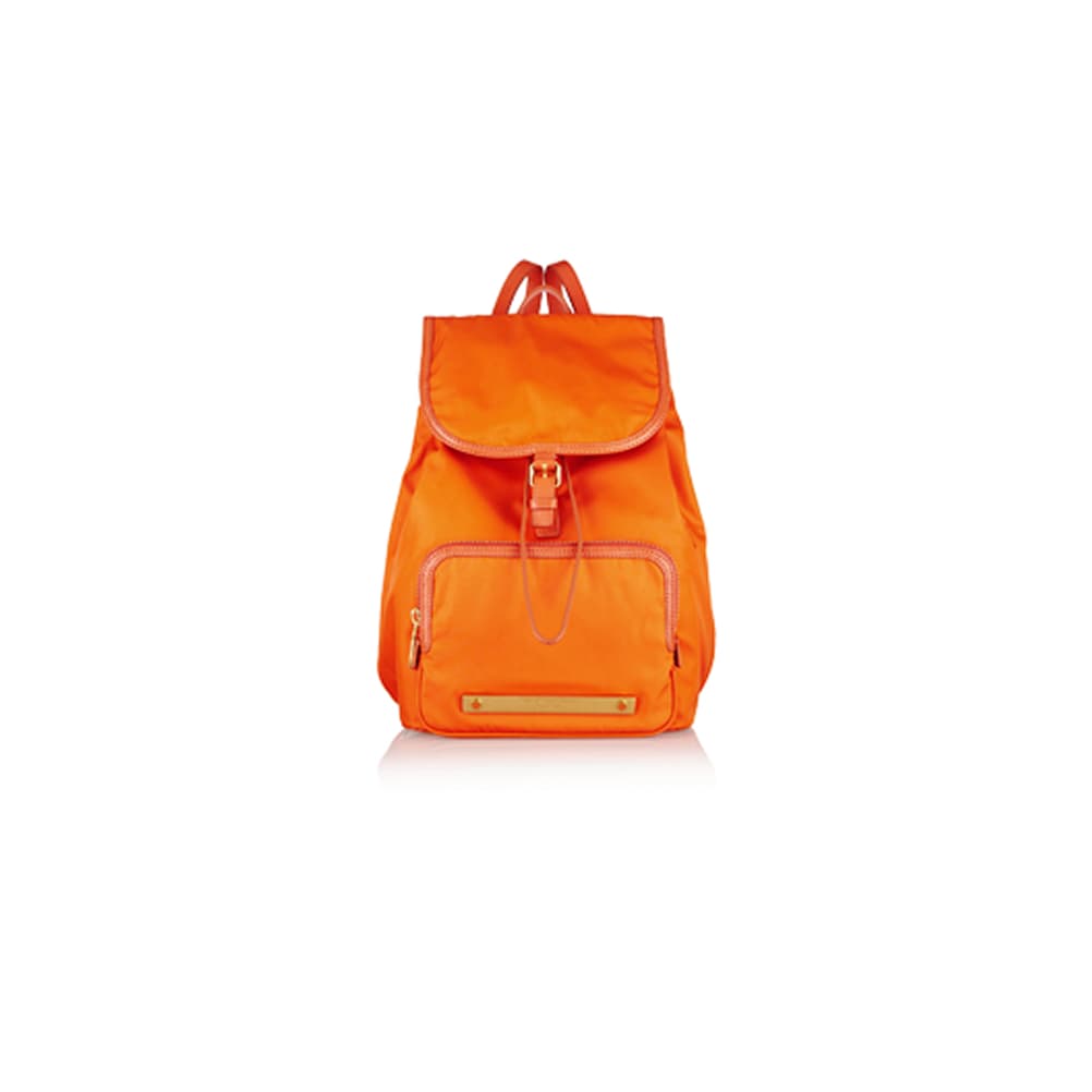 Orange nylon drawstring backpack on white background