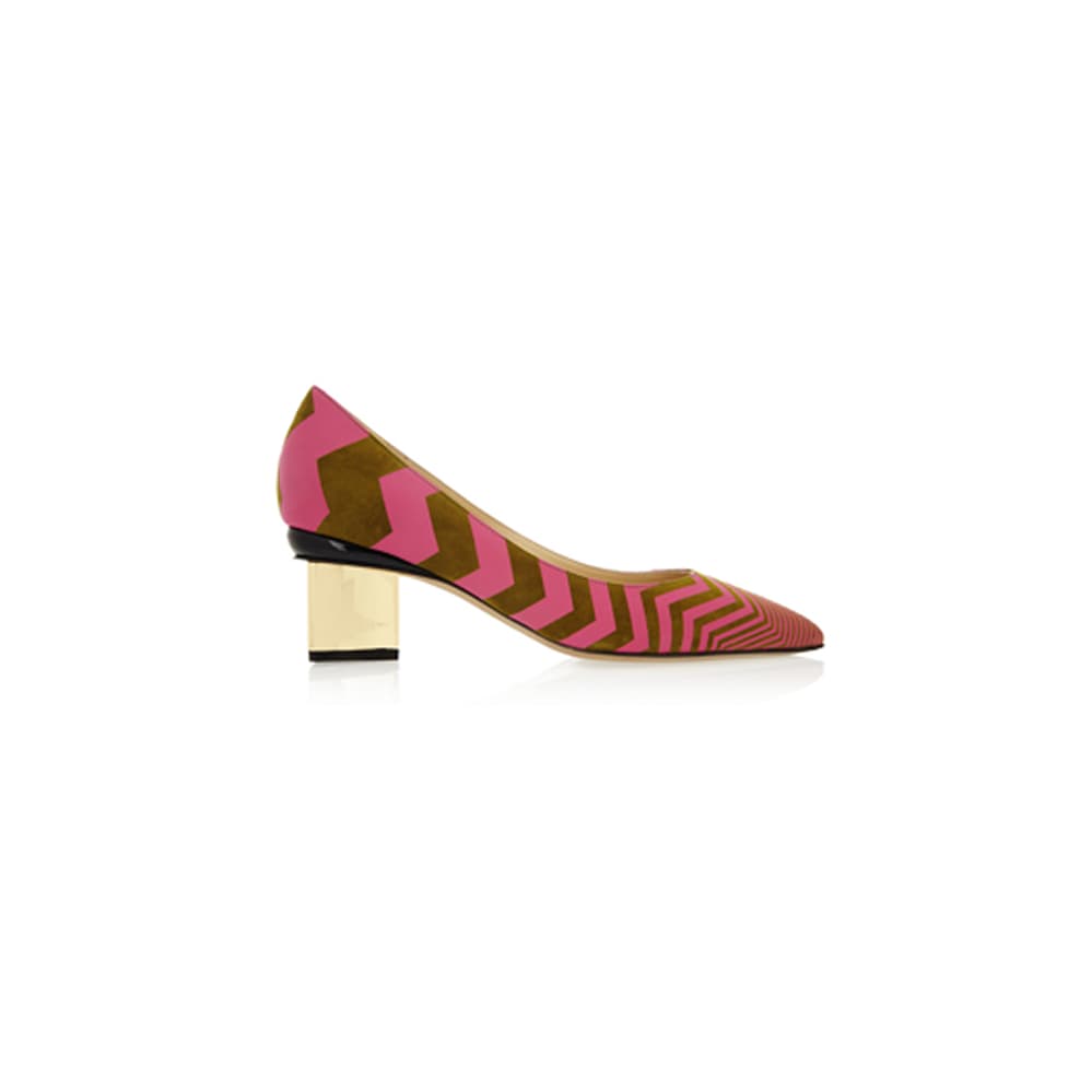 Pink and olive chevron pattern block-heel pumps on white background