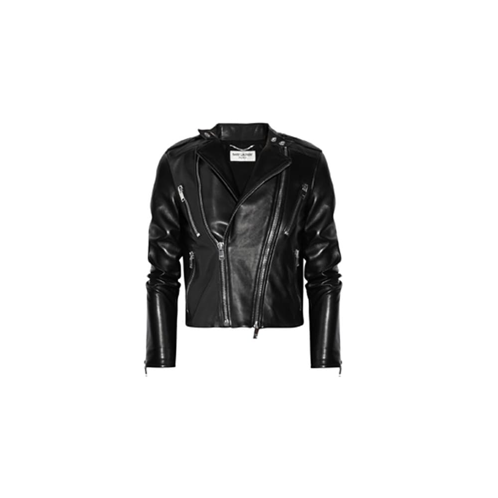 Saint Laurent black leather moto jacket on white background