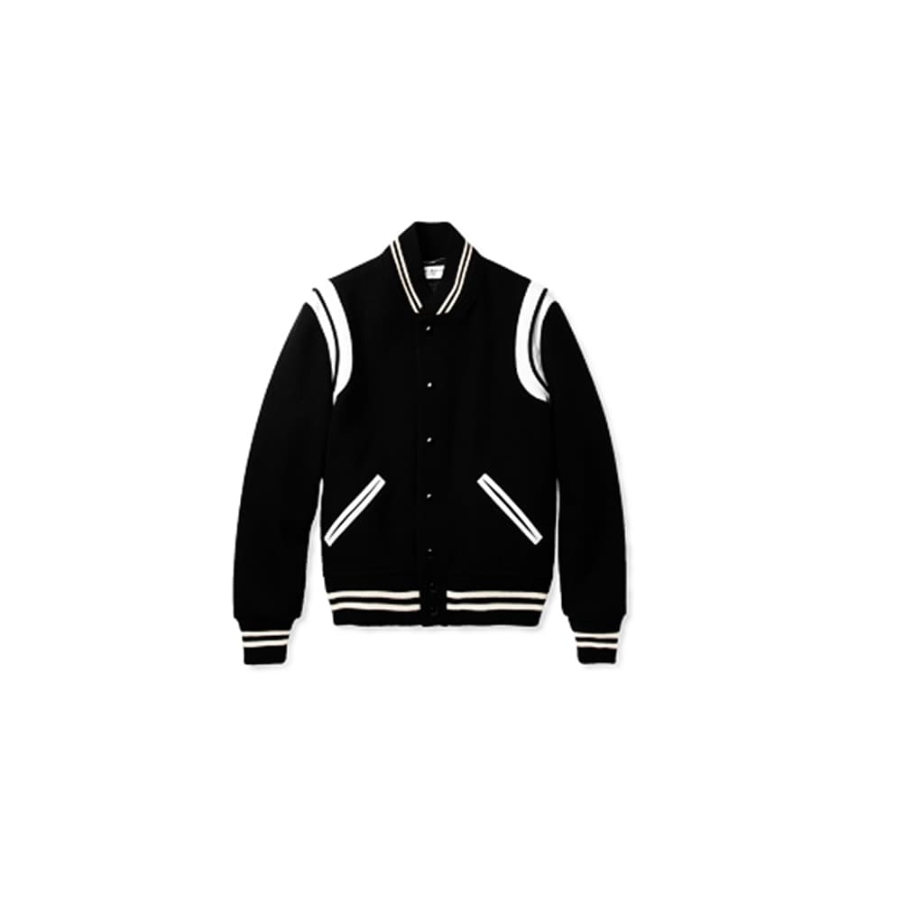 Saint Laurent black wool varsity jacket with white striped trim on white background