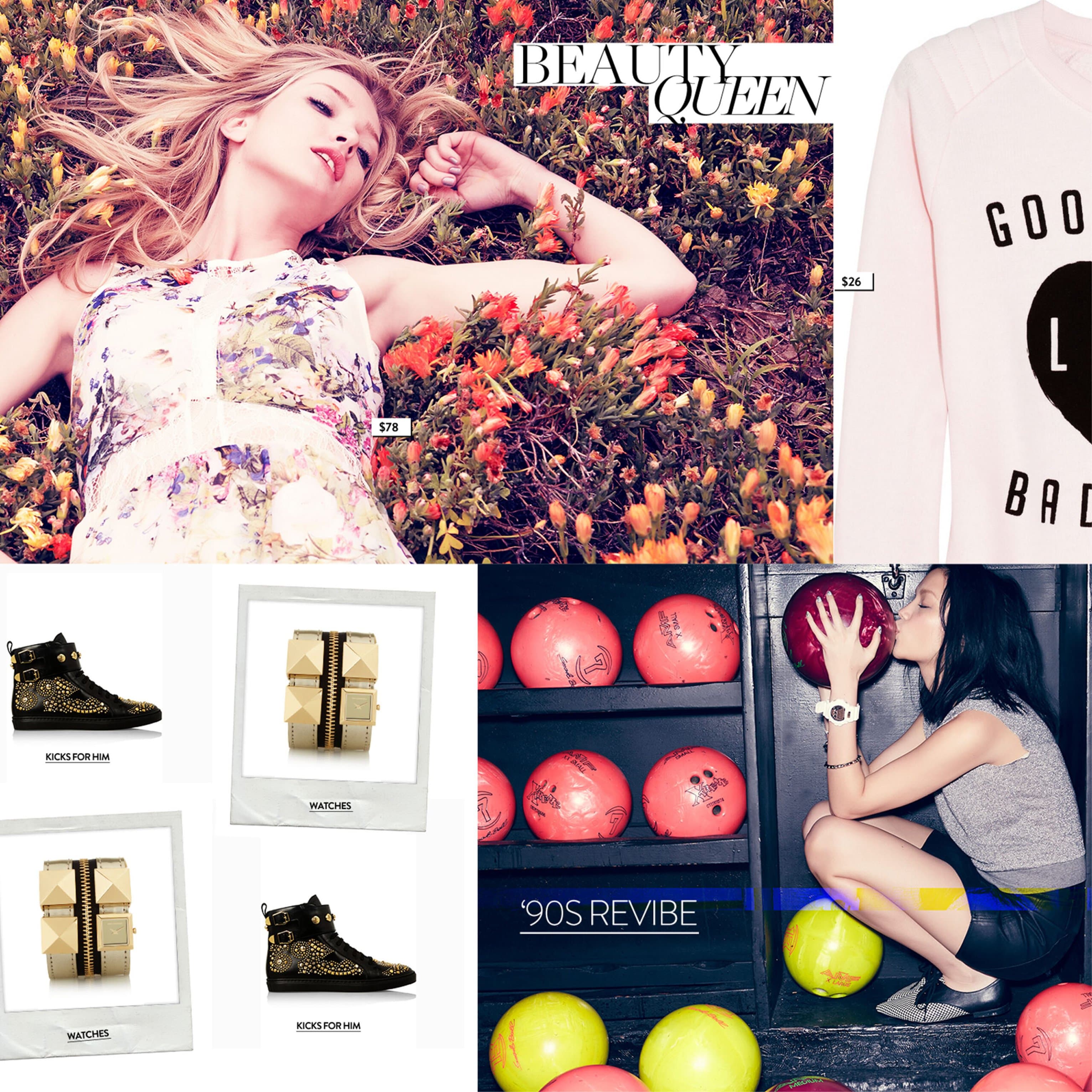 Composed tile layout showing Beauty Queen editorial story, 90s Revibe lifestyle module, watches, and kicks for him product tiles