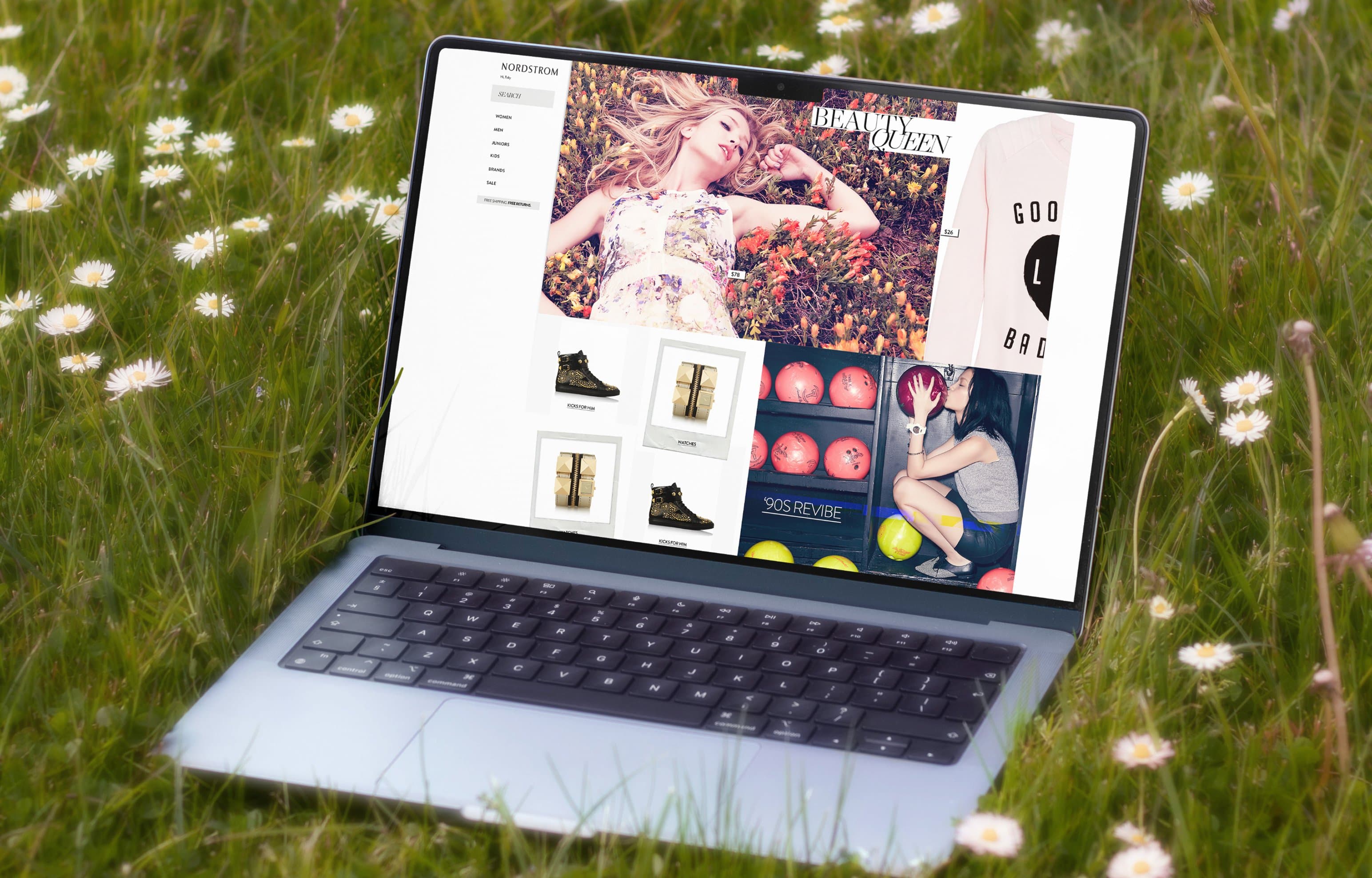 Nordstrom homepage on a laptop in a field of daisies, showing personalized editorial tile layout with Beauty Queen and 90s Revibe stories