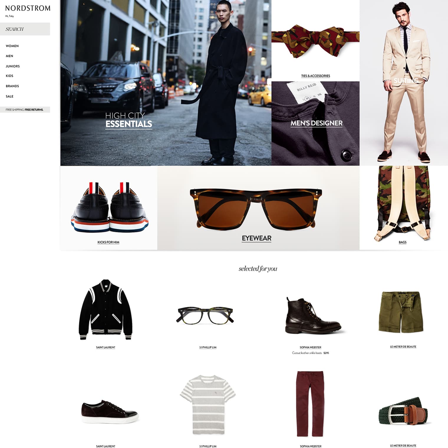 Nordstrom men's homepage for the men's shopper, High City Essentials editorial with eyewear, men's designer modules, and selected for you product grid