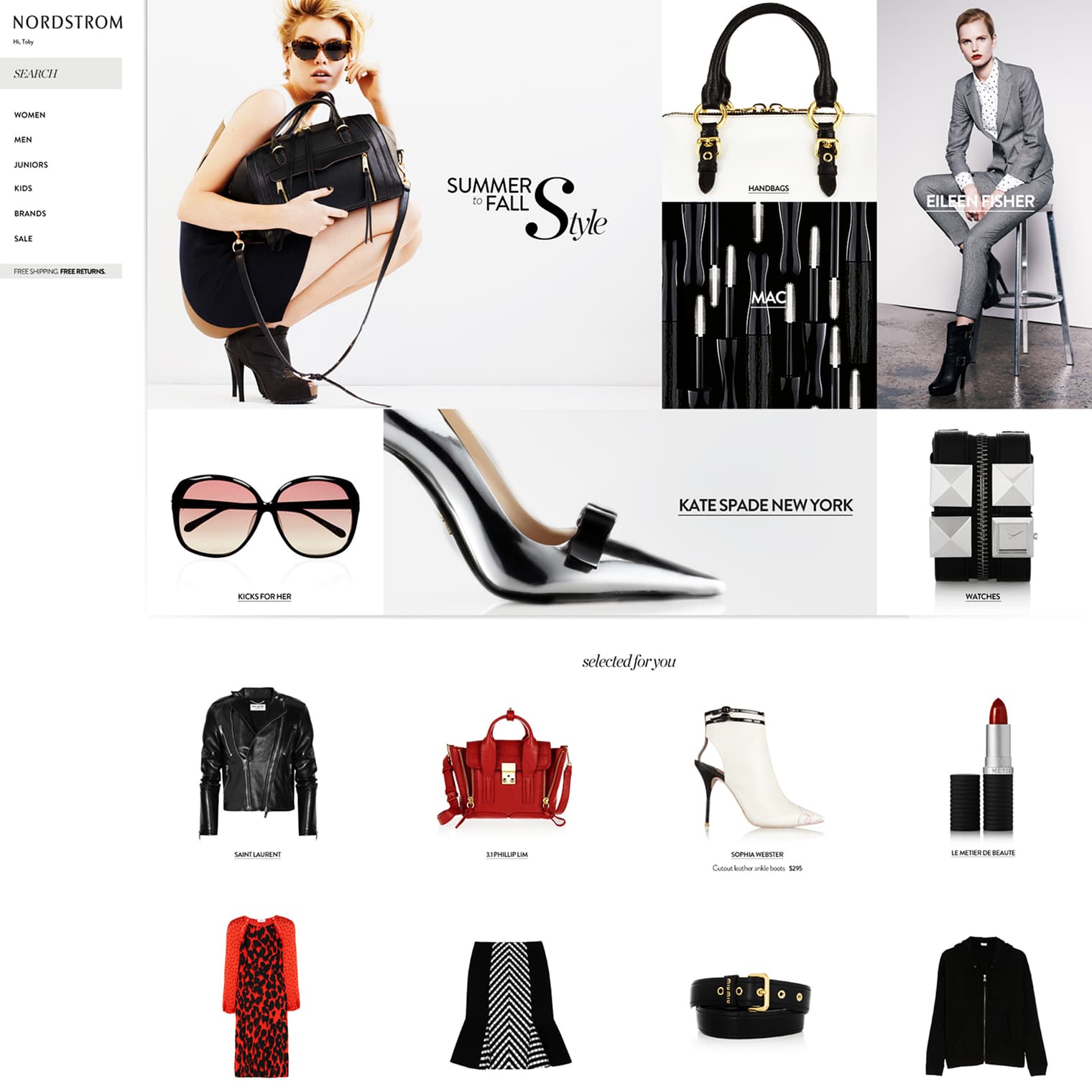 Nordstrom women's homepage for the designer-brand shopper, Summer to Fall Style editorial with Kate Spade pumps and selected for you product grid