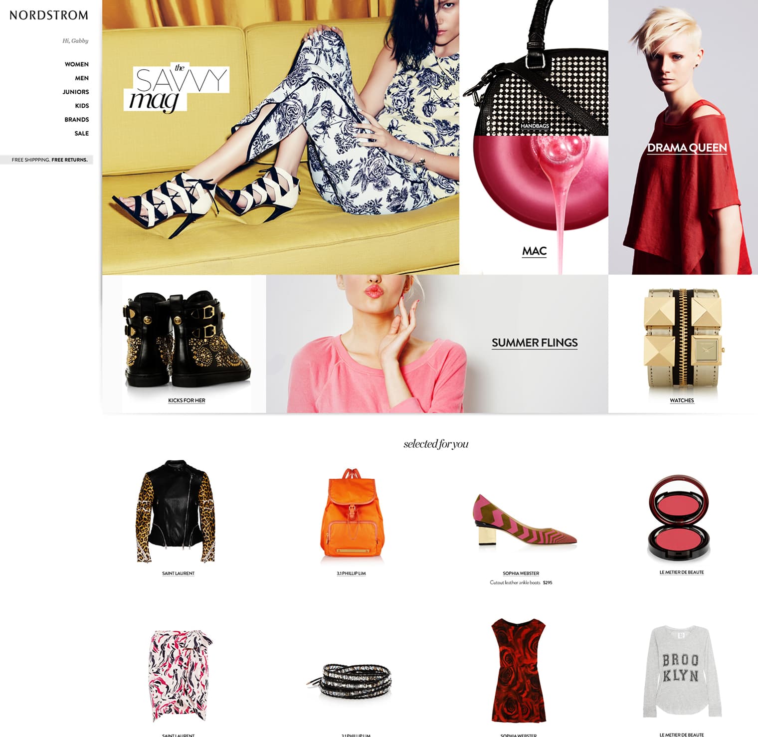 Nordstrom women's homepage for the young customer, Savvy Mag editorial with Drama Queen, Mac, and Summer Flings modules and personalized product grid