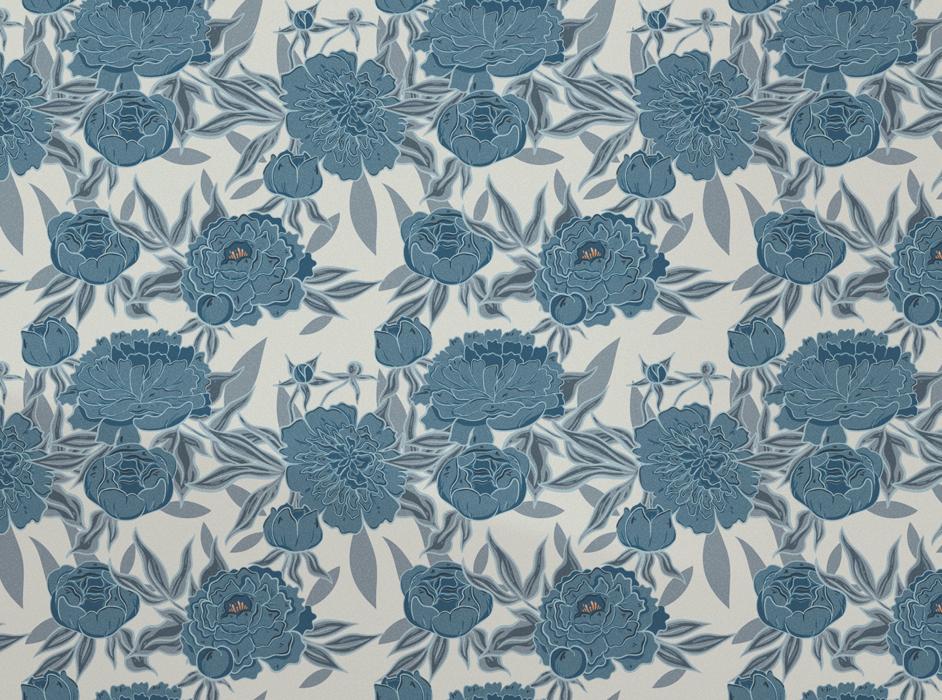 Blue florals peony pattern at wallpaper scale, full repeat tile showing the rhythm of the print