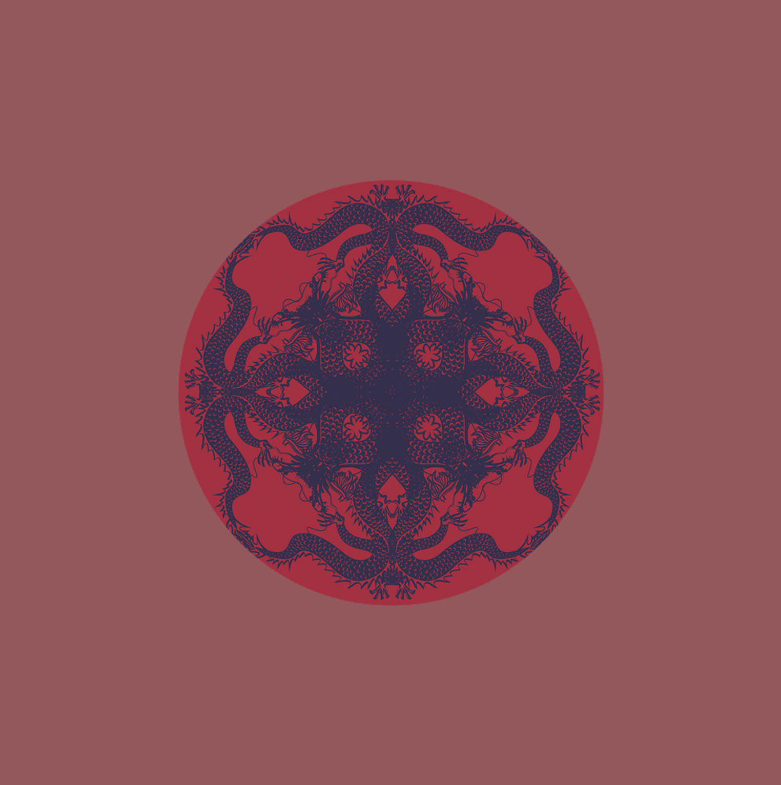 Red dragons hero mark, burgundy dragon mandala in circle on muted rose ground
