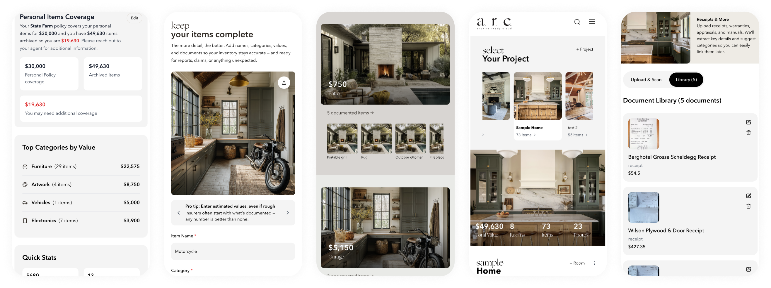 Five A.R.C. application screens showing dashboard, item entry, room view, project selection, and document library