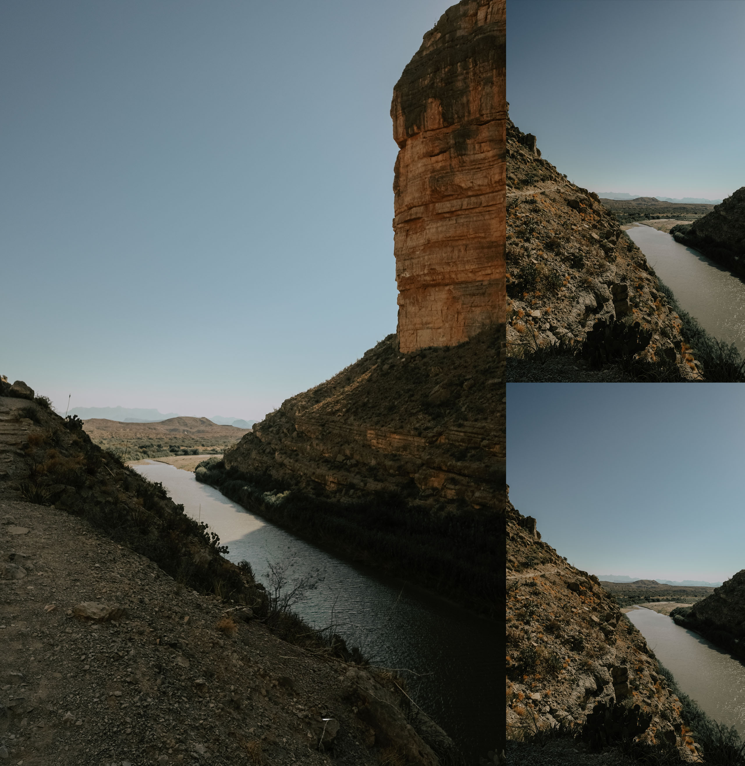 Santa Elena Canyon studies: the sheer limestone wall beside two frames of the Rio Grande below