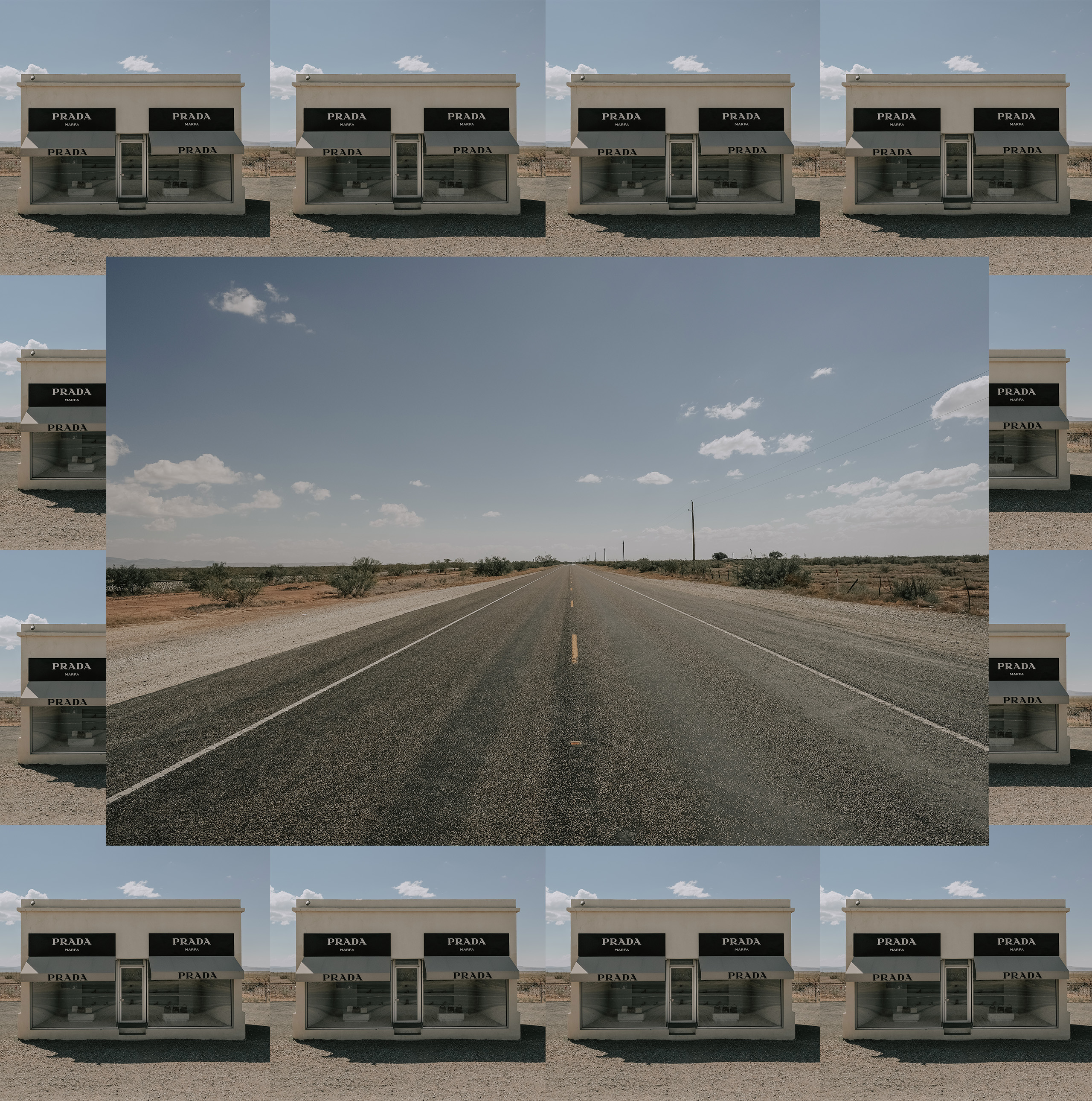 Prada Marfa repeated in a grid around a center frame of open highway and West Texas sky