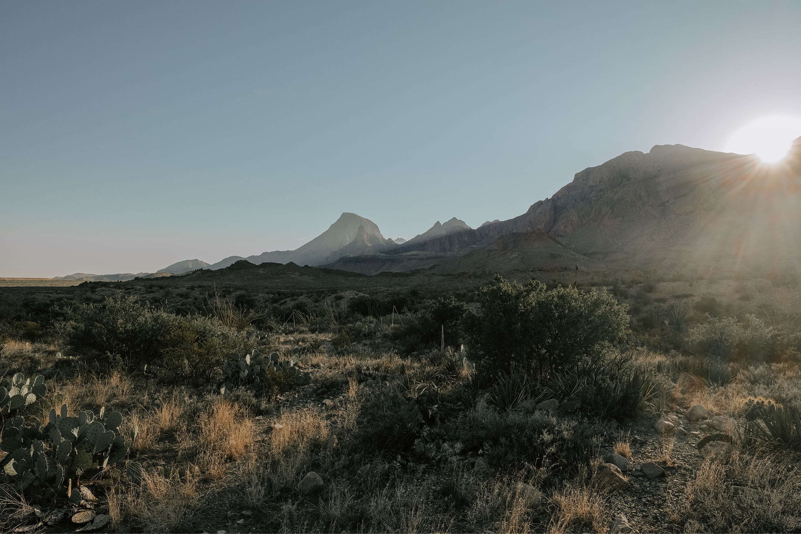 Sun cresting the Chisos, light flaring across the desert grassland at dawn