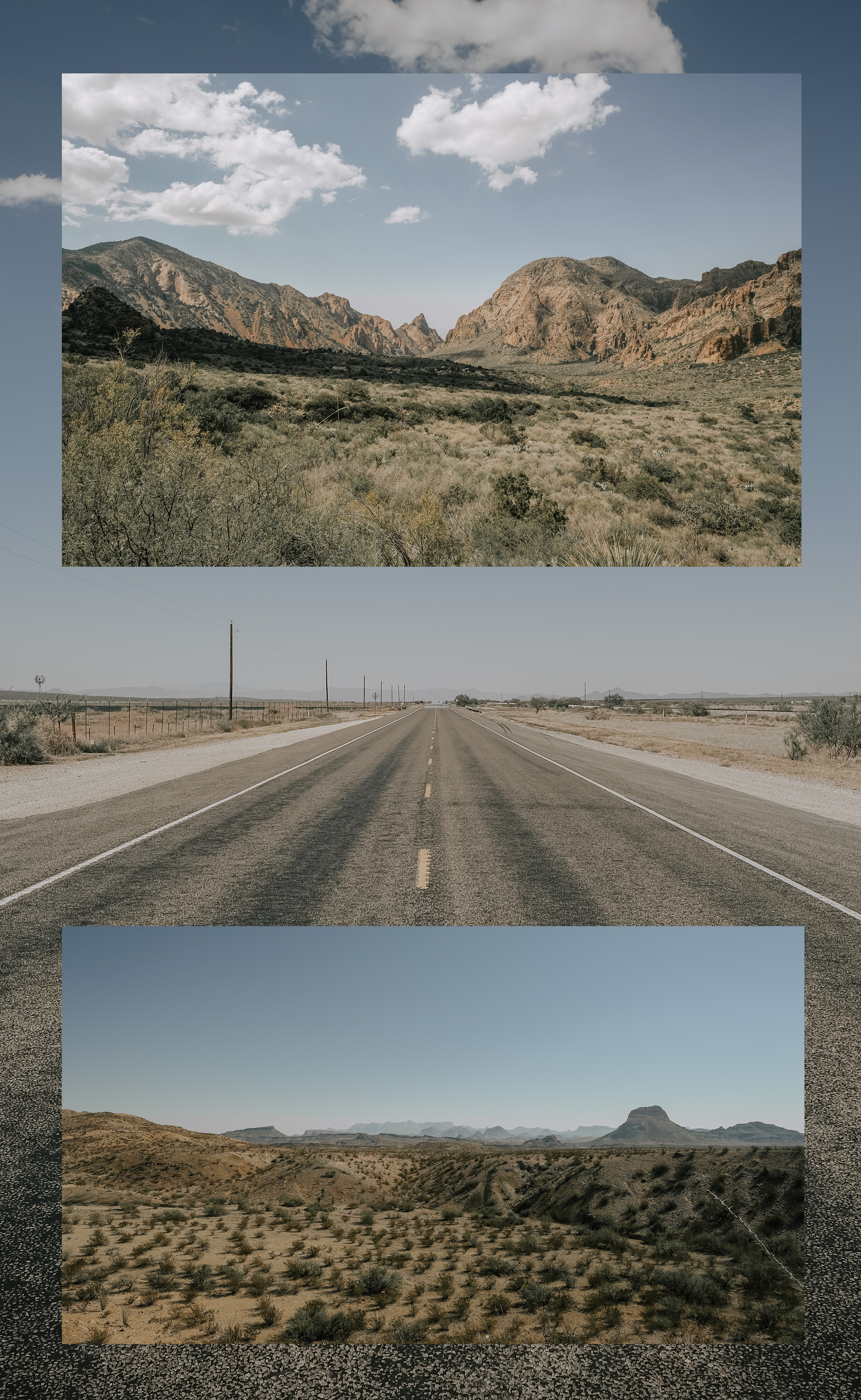Three frames stacked down the page: a mountain road, an empty highway, and open desert