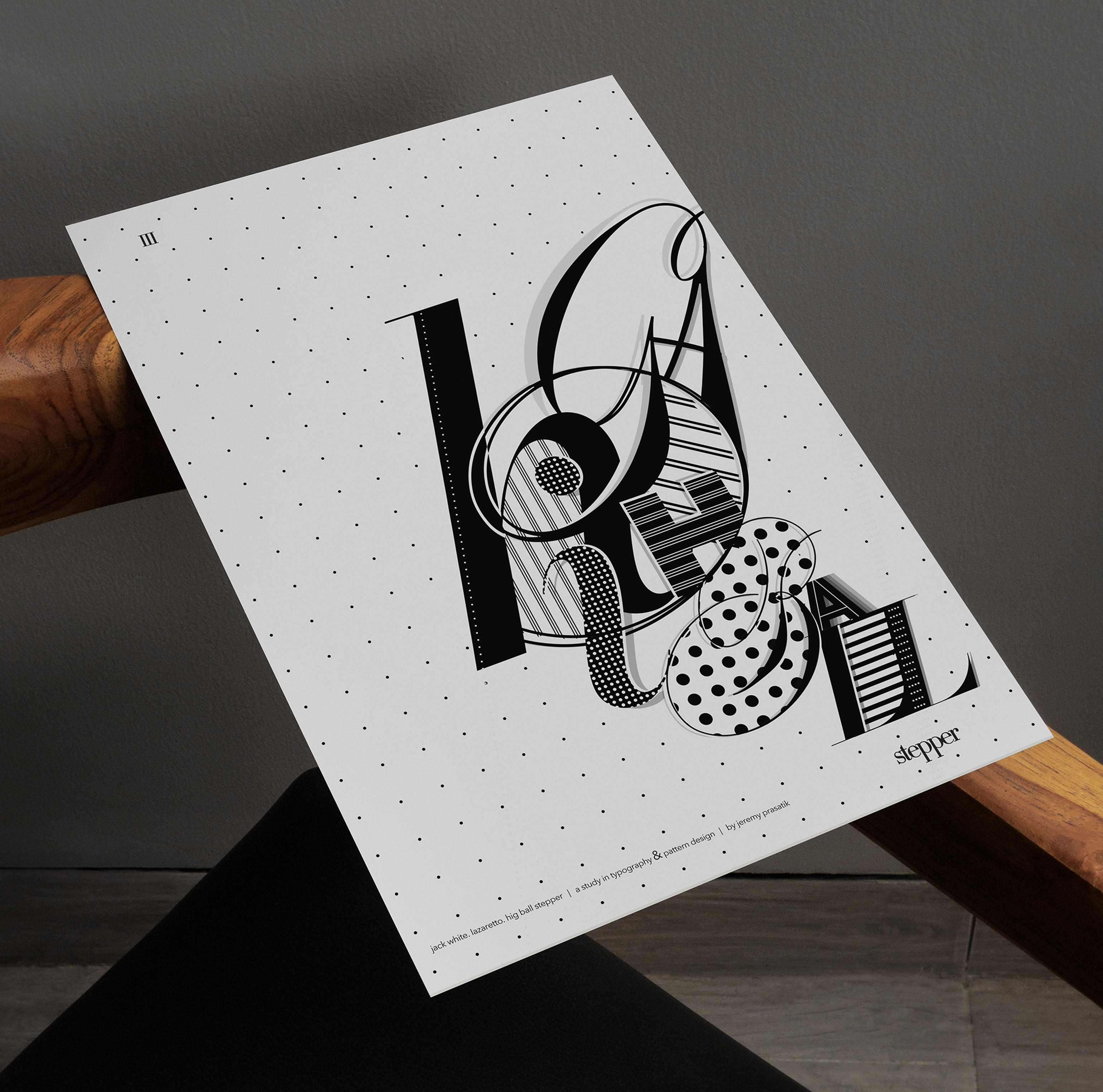 Typography & Patterns, stepper art print displayed on wooden bench