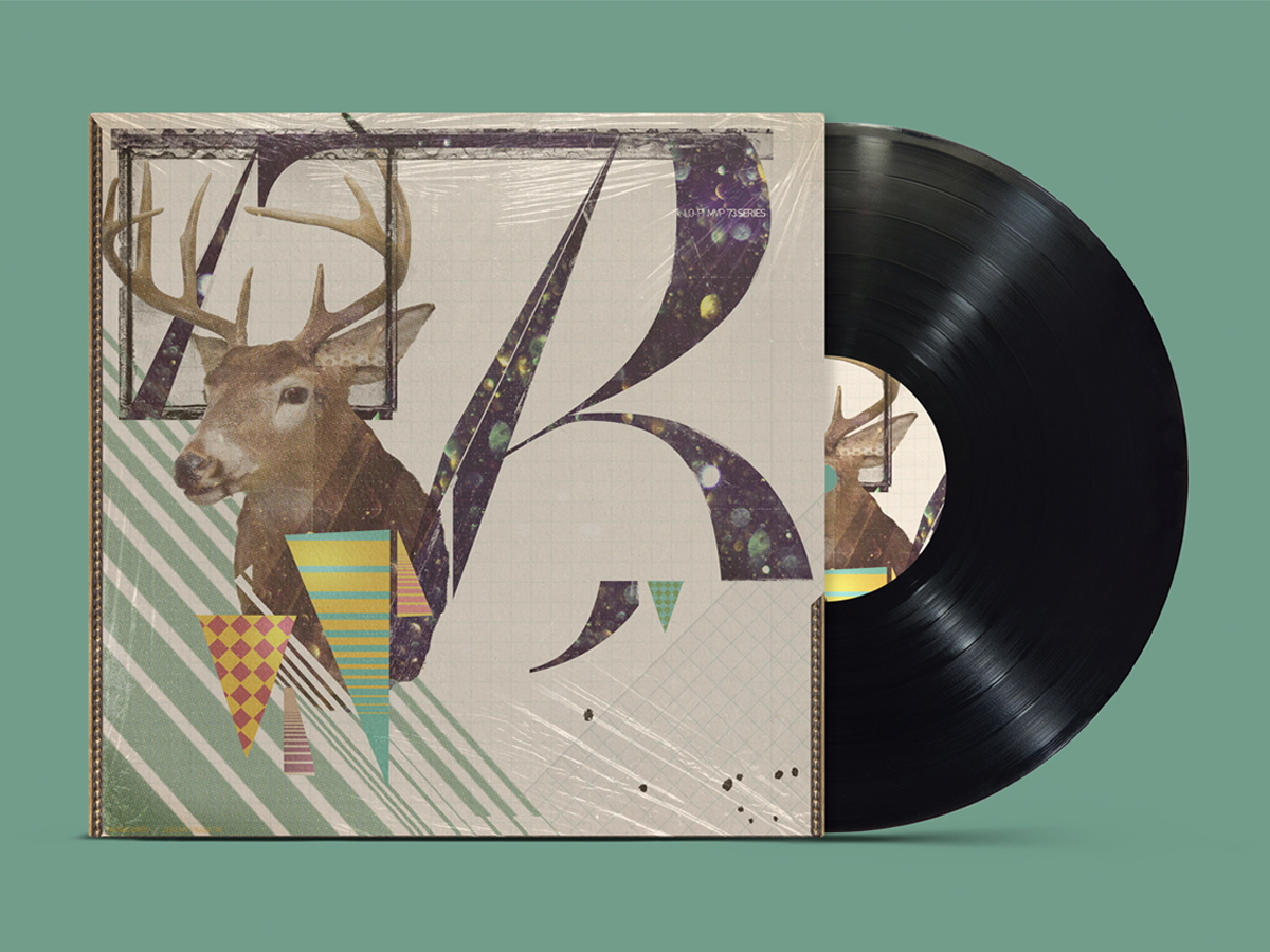 MVP 73 album cover, deer head with abstract letterform and triangle composition, vinyl sleeve mockup