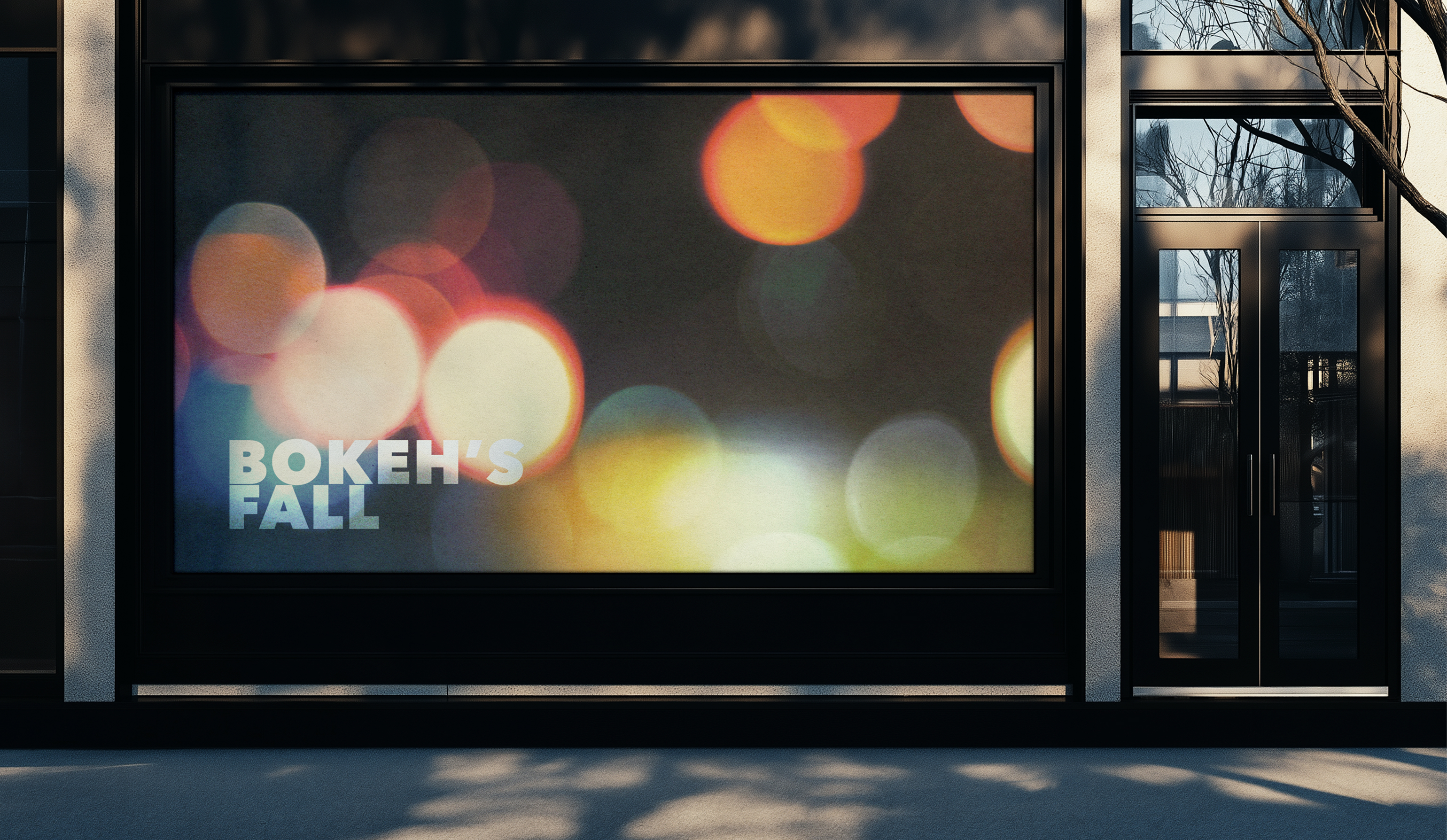 Bokeh's Fall storefront window display, large bokeh light photograph with overlay typography in modern building