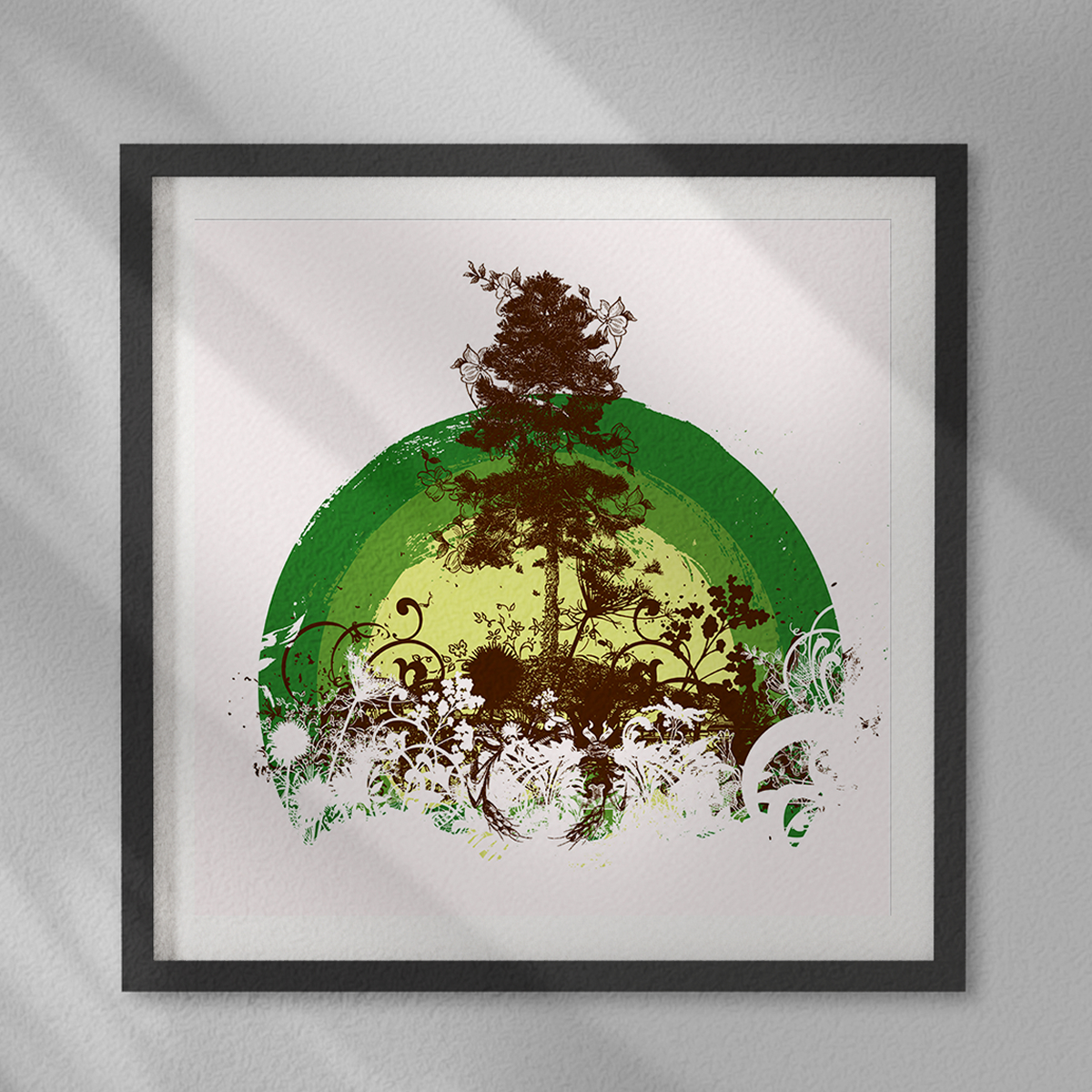 Green tree silhouette over half-sun with vines, white-framed print