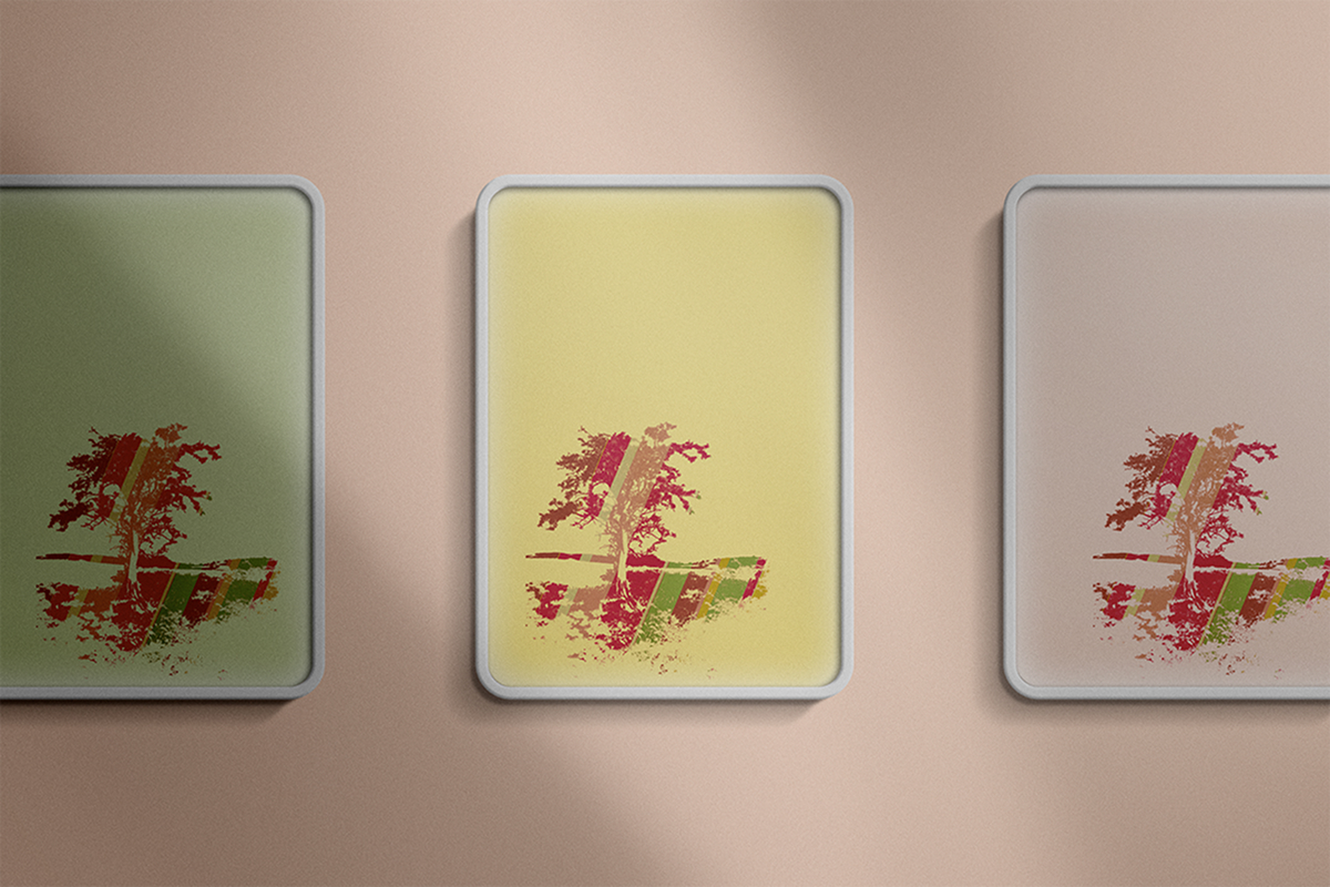 Tree silhouette print color study, three framed prints on blush wall